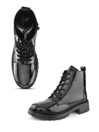 Glossy Lace-Up Side Zip Chunky Sole Ankle Boots