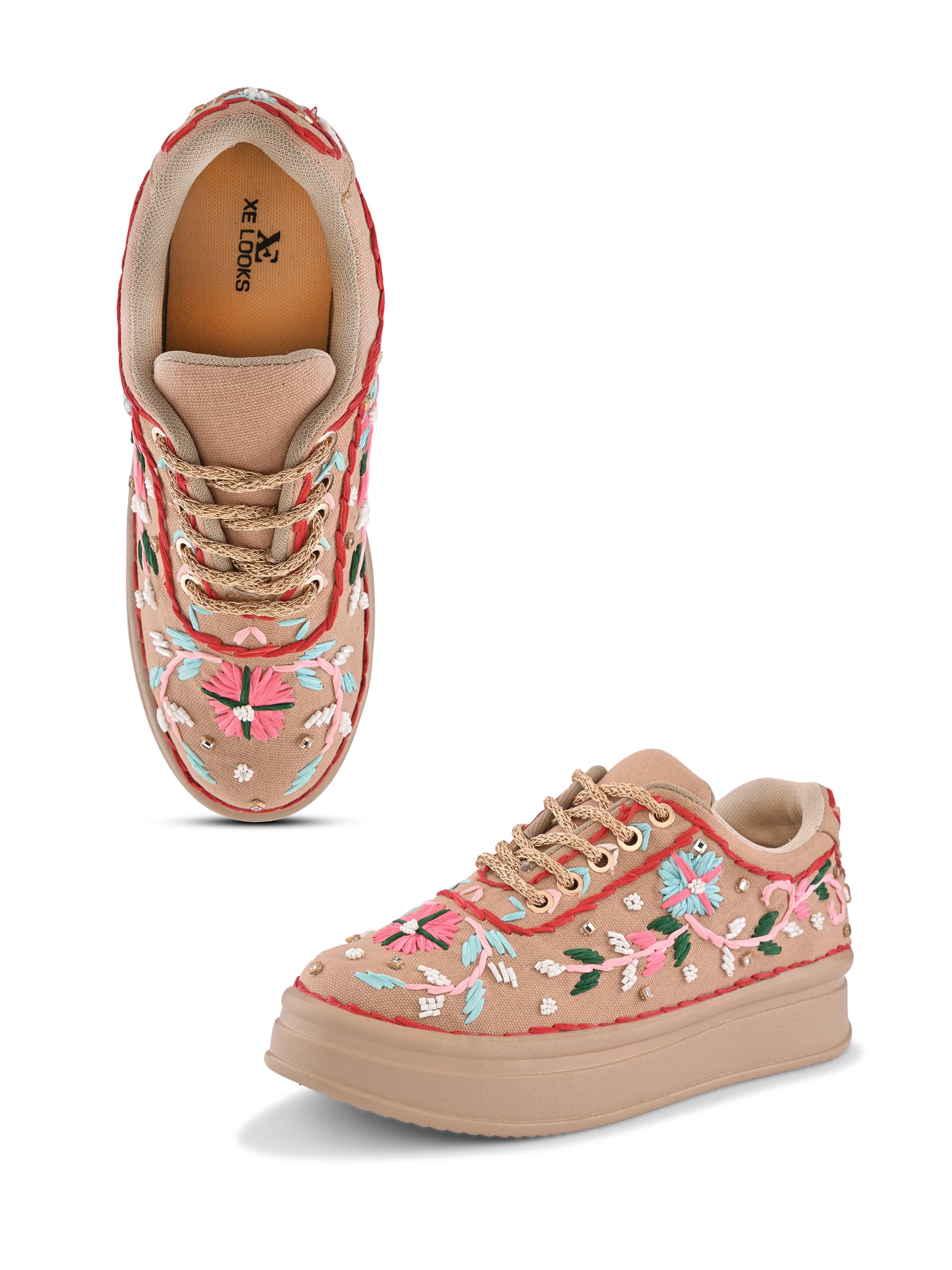 Embroidered Floral Lace-Up Platform Sneakers
