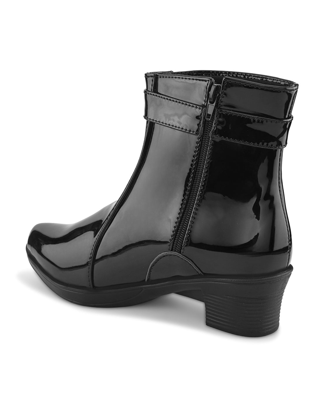 Glossy Buckle Accent Side Zip Block Heel Ankle Boots