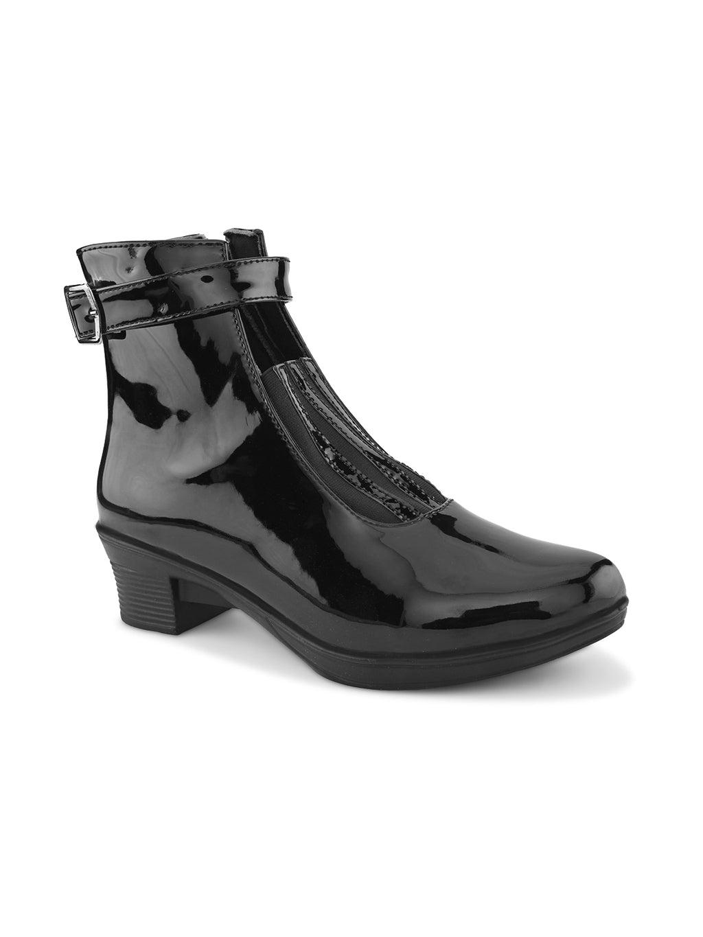 Glossy Buckle Accent Side Zipper Block Heel Ankle Boots