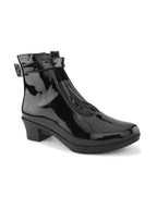 Glossy Buckle Accent Side Zipper Block Heel Ankle Boots
