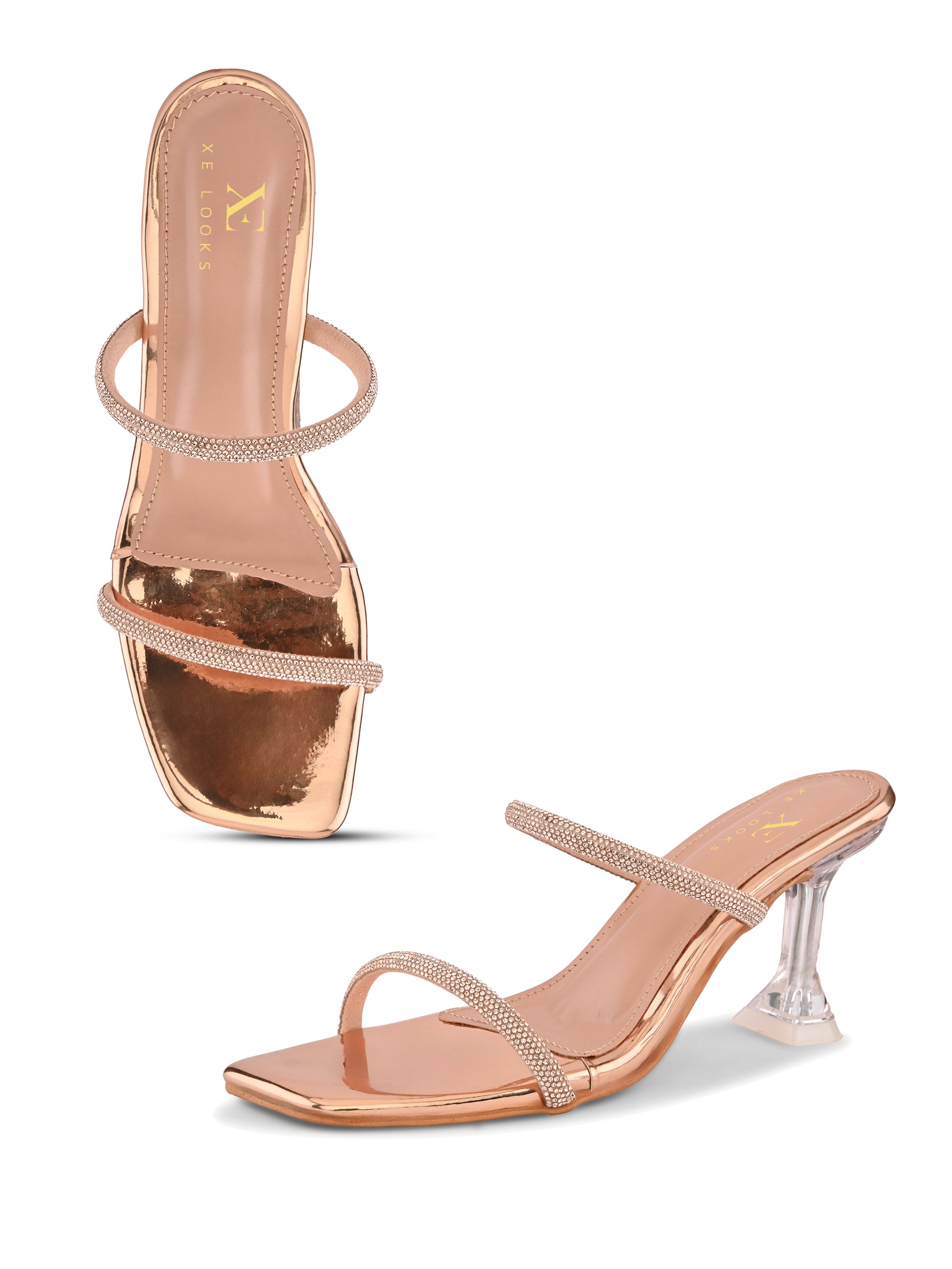 Rhinestone Double Strap Transparent Sculpted Heel Sandals