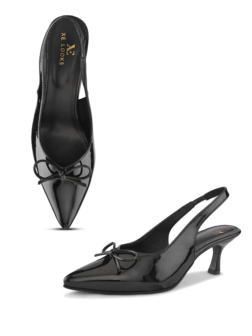 Glossy Patent-Finish Bow Detail Slingback Pointed Toe Pumps