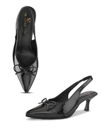 Glossy Patent-Finish Bow Detail Slingback Pointed Toe Pumps