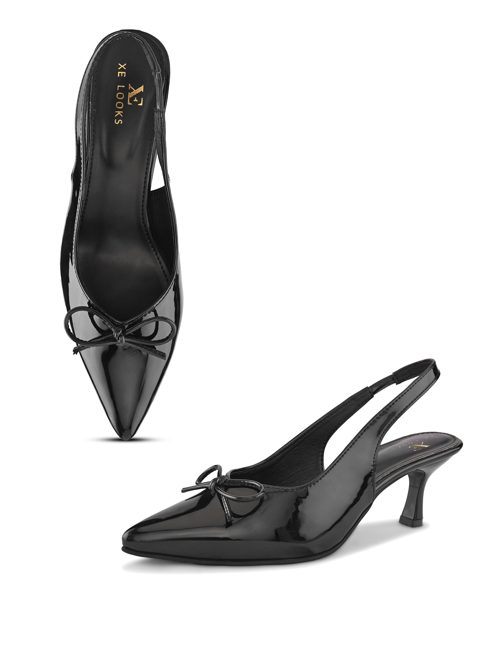 Glossy Patent-Finish Bow Detail Slingback Pointed Toe Pumps