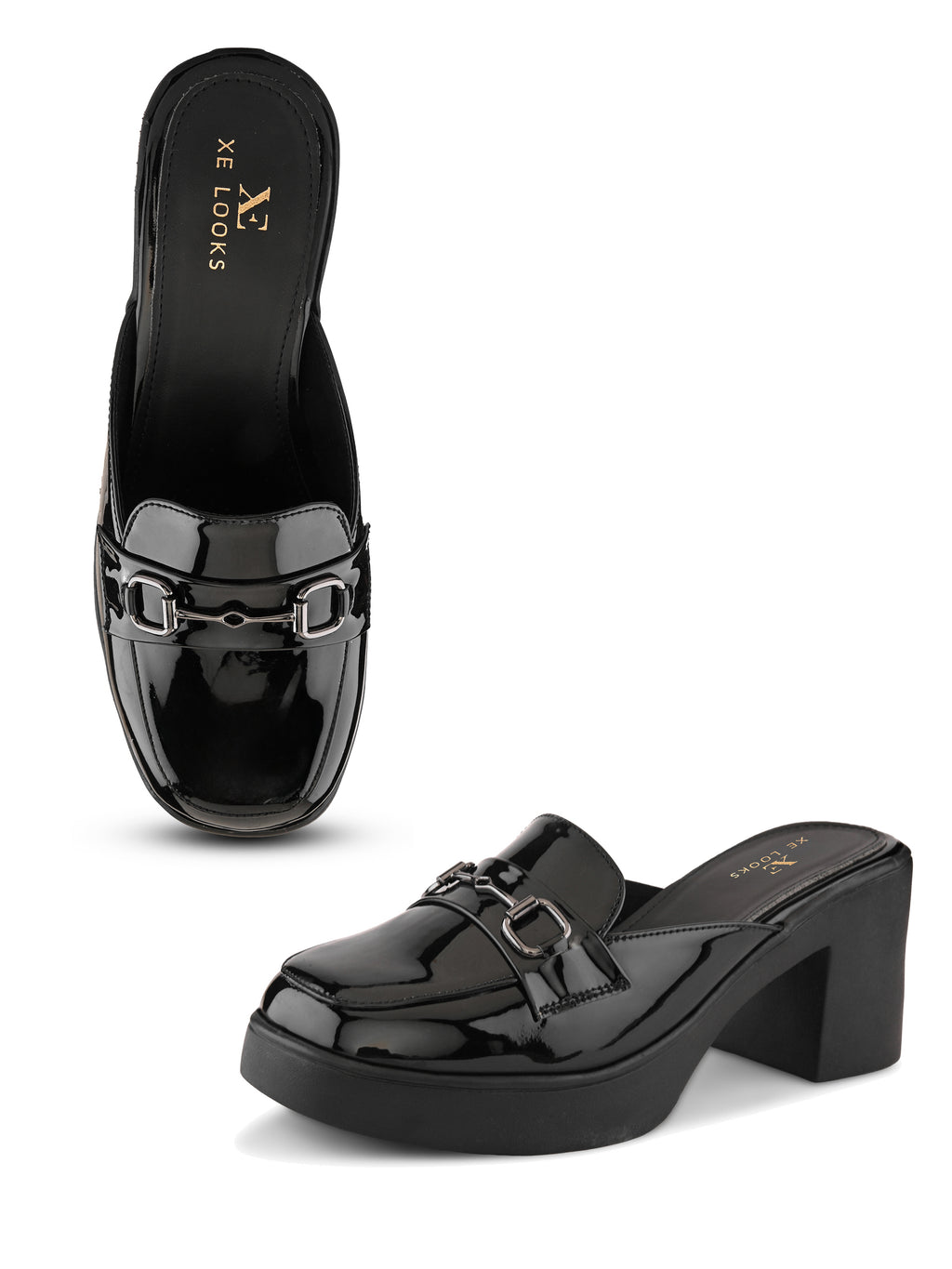 Elegant Patent Mule Loafers with Metal Chain Detail