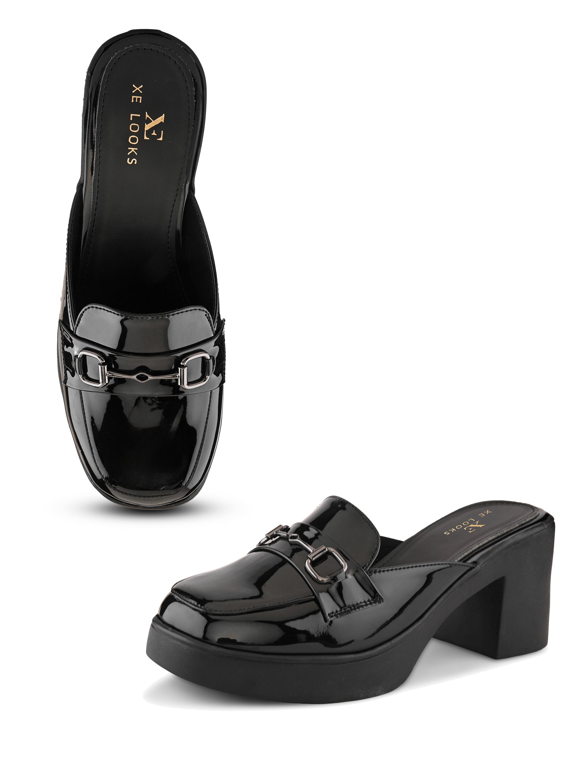 Elegant Patent Mule Loafers with Metal Chain Detail