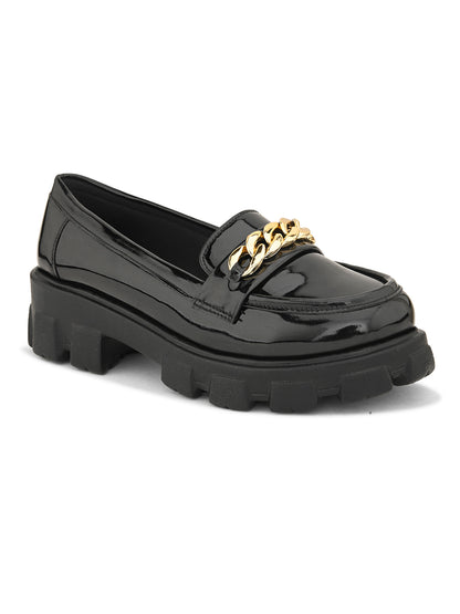 Glossy  Loafers with Chunky Sole and Gold Chain Accent