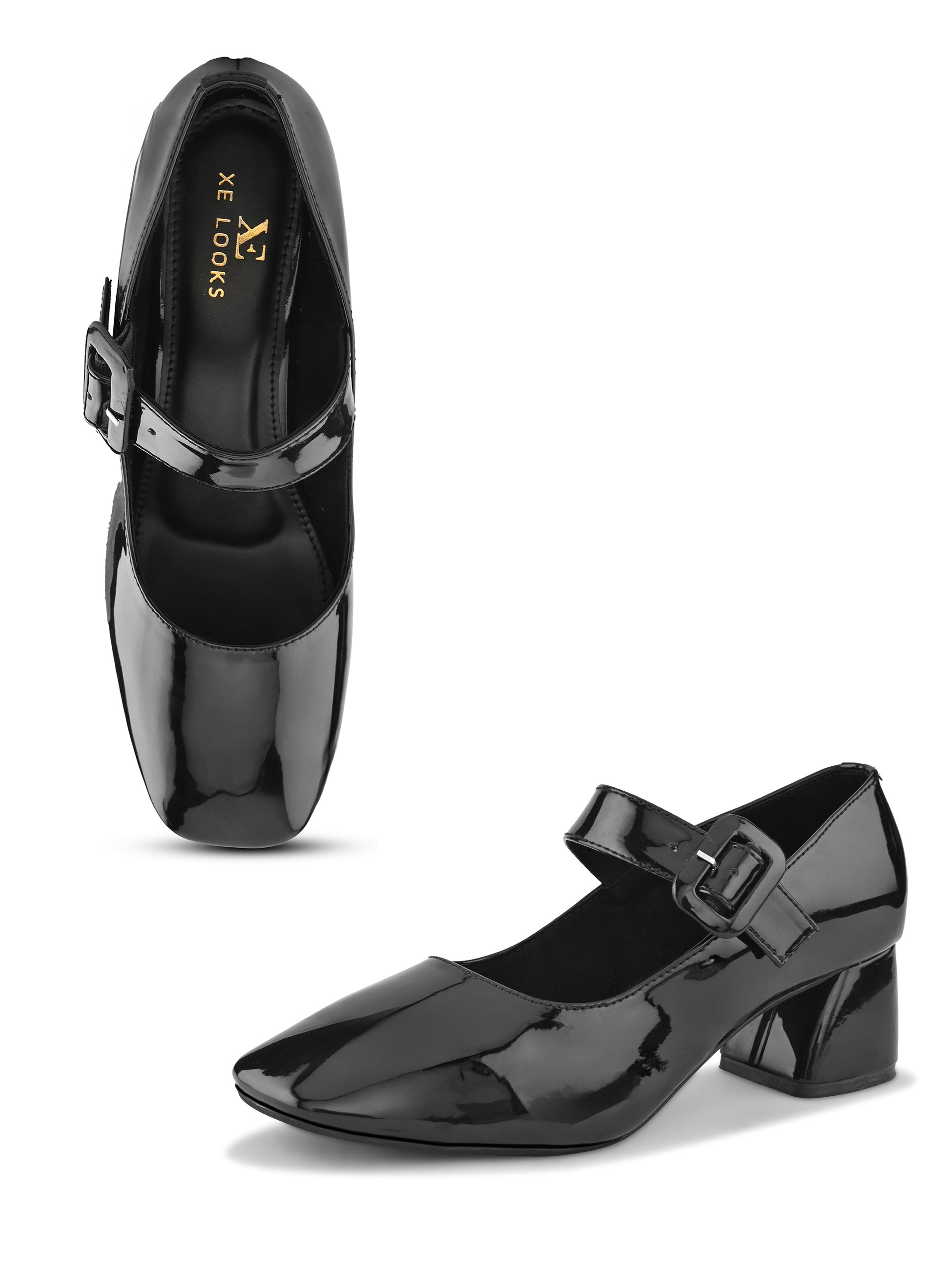Glossy Patent-Finish Buckle Strap Block Heel Closed Toe Pumps