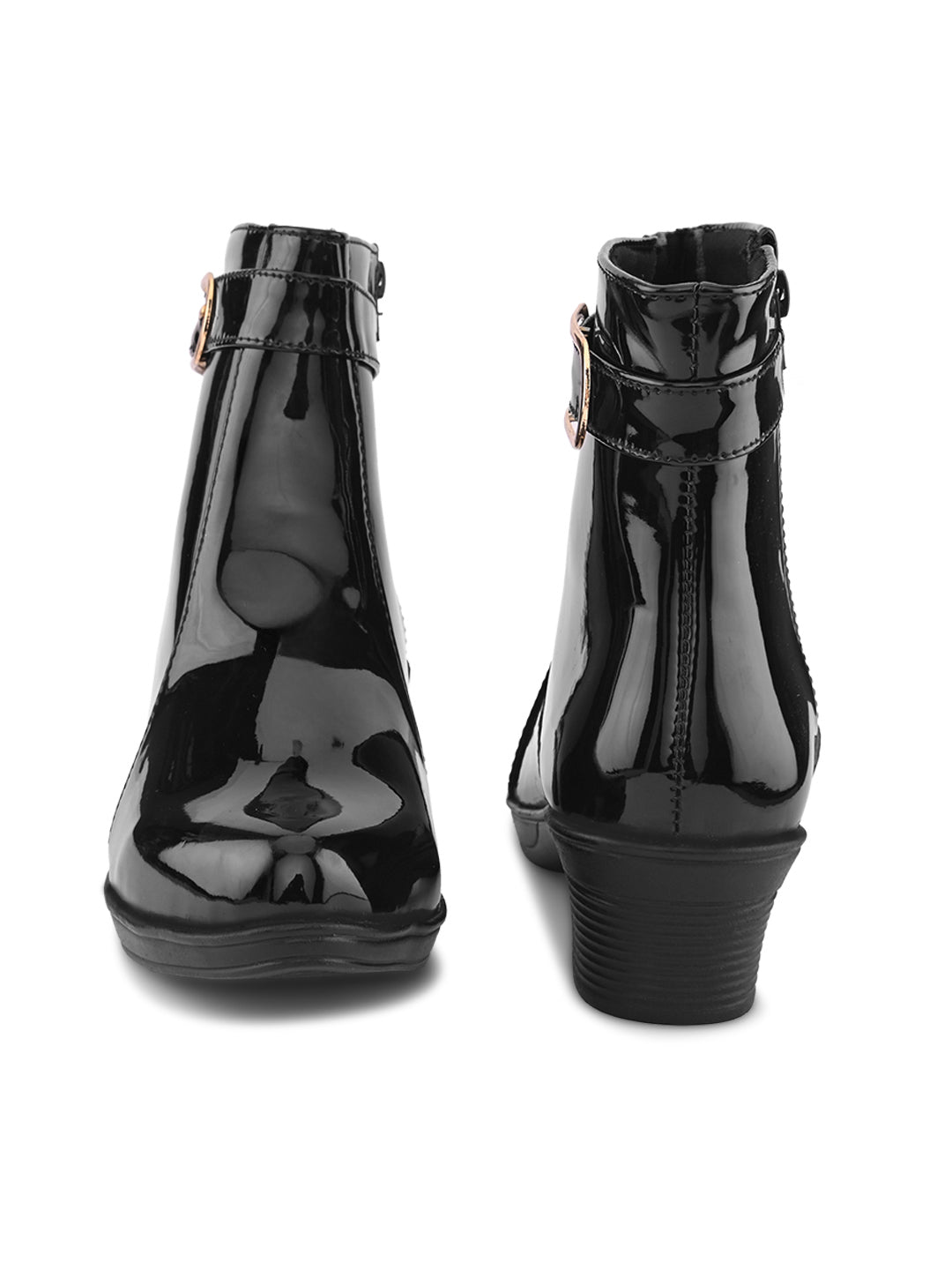 Glossy Buckle Accent Side Zip Block Heel Ankle Boots