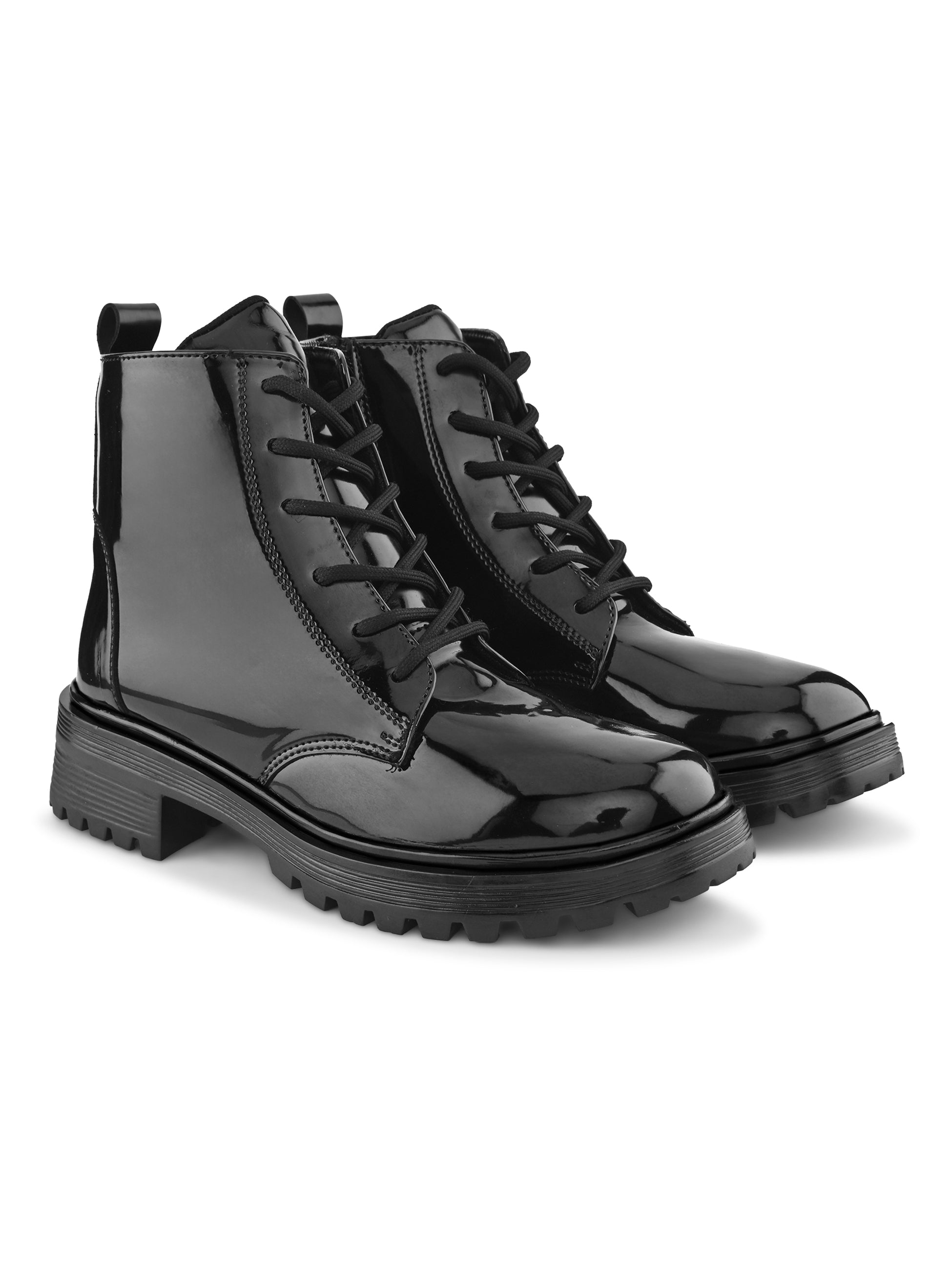 Glossy Lace-Up Side Zip Chunky Sole Ankle Boots