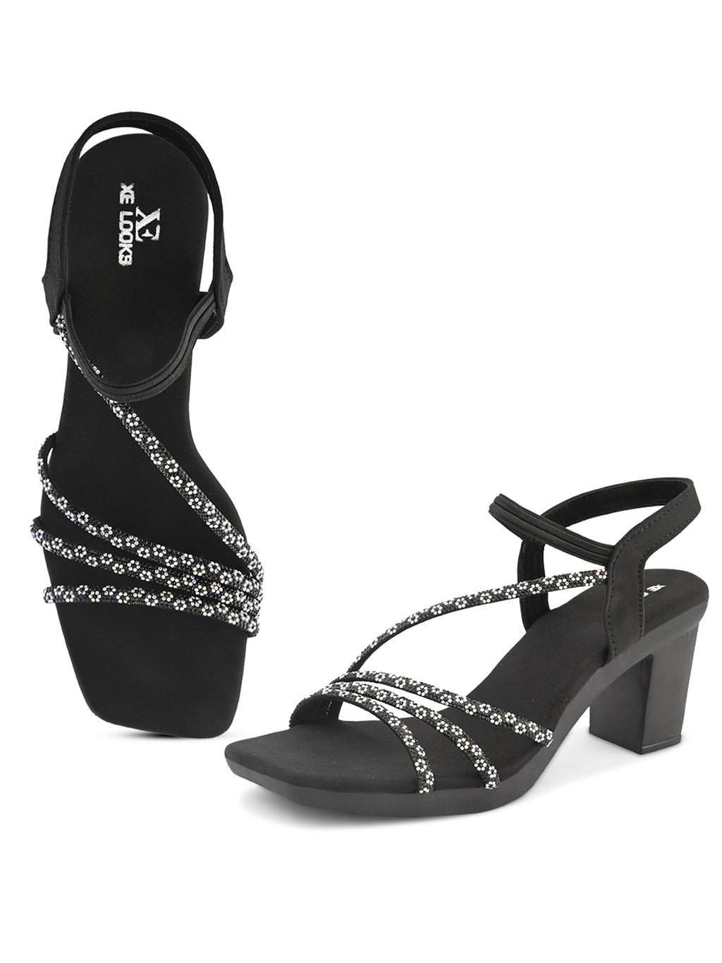 Embellished Multi-Cross Strap Block Heel Sandals