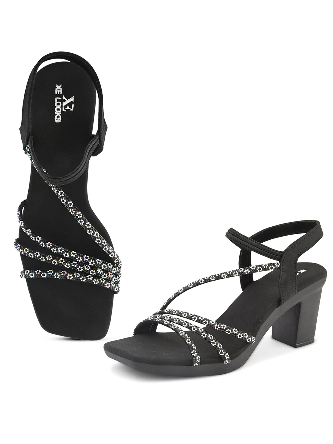 Embellished Multi-Cross Strap Block Heel Sandals