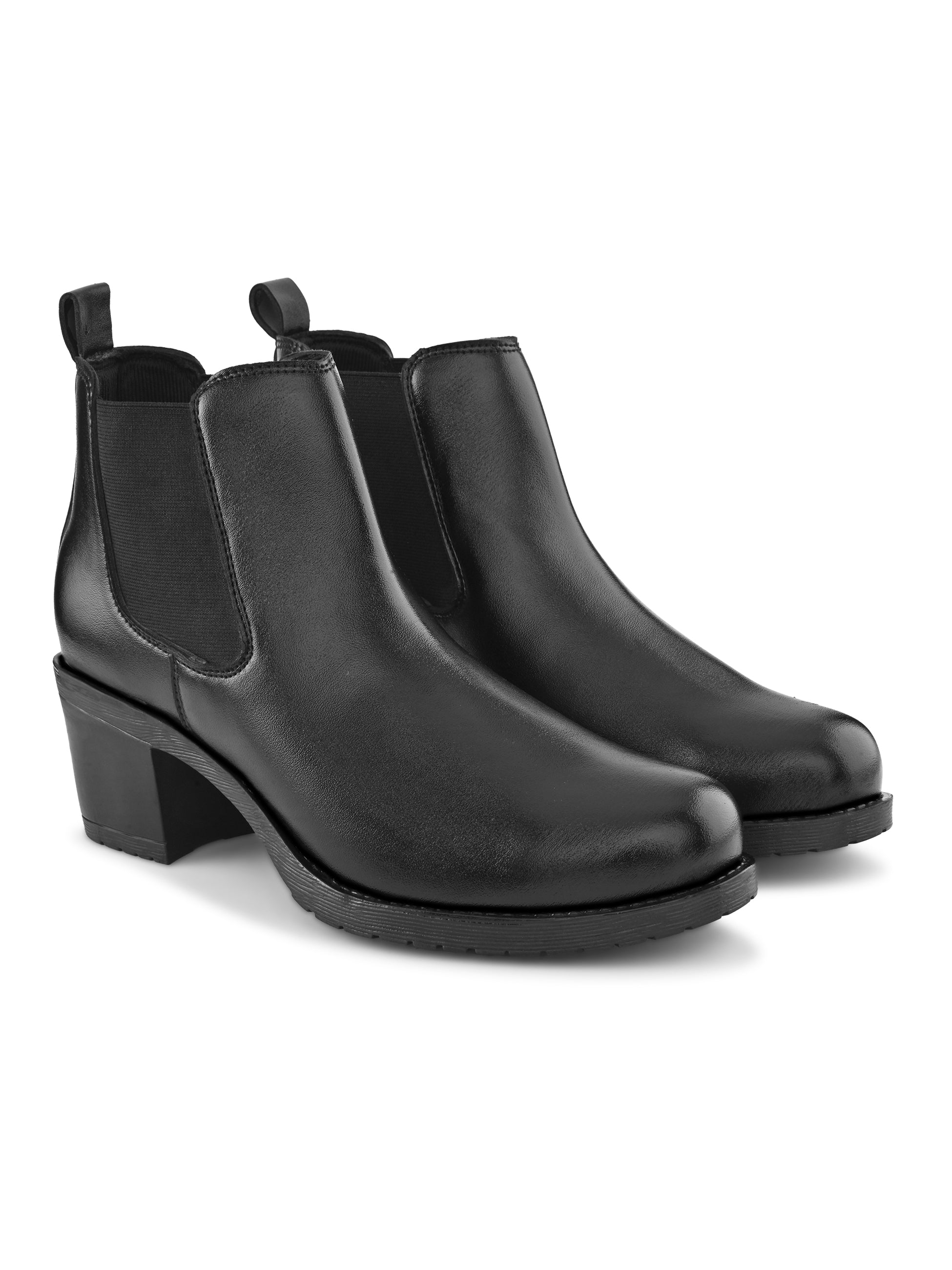 Smooth Finish Elastic Panel Block Heel Chelsea Boots