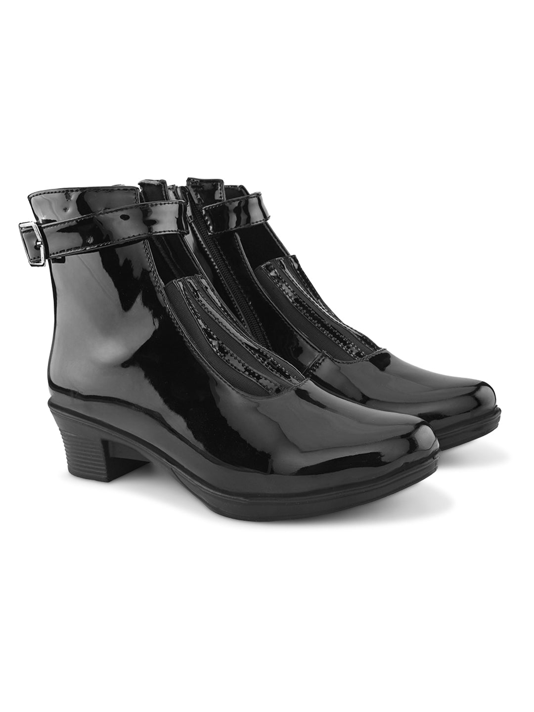 Glossy Buckle Accent Side Zipper Block Heel Ankle Boots