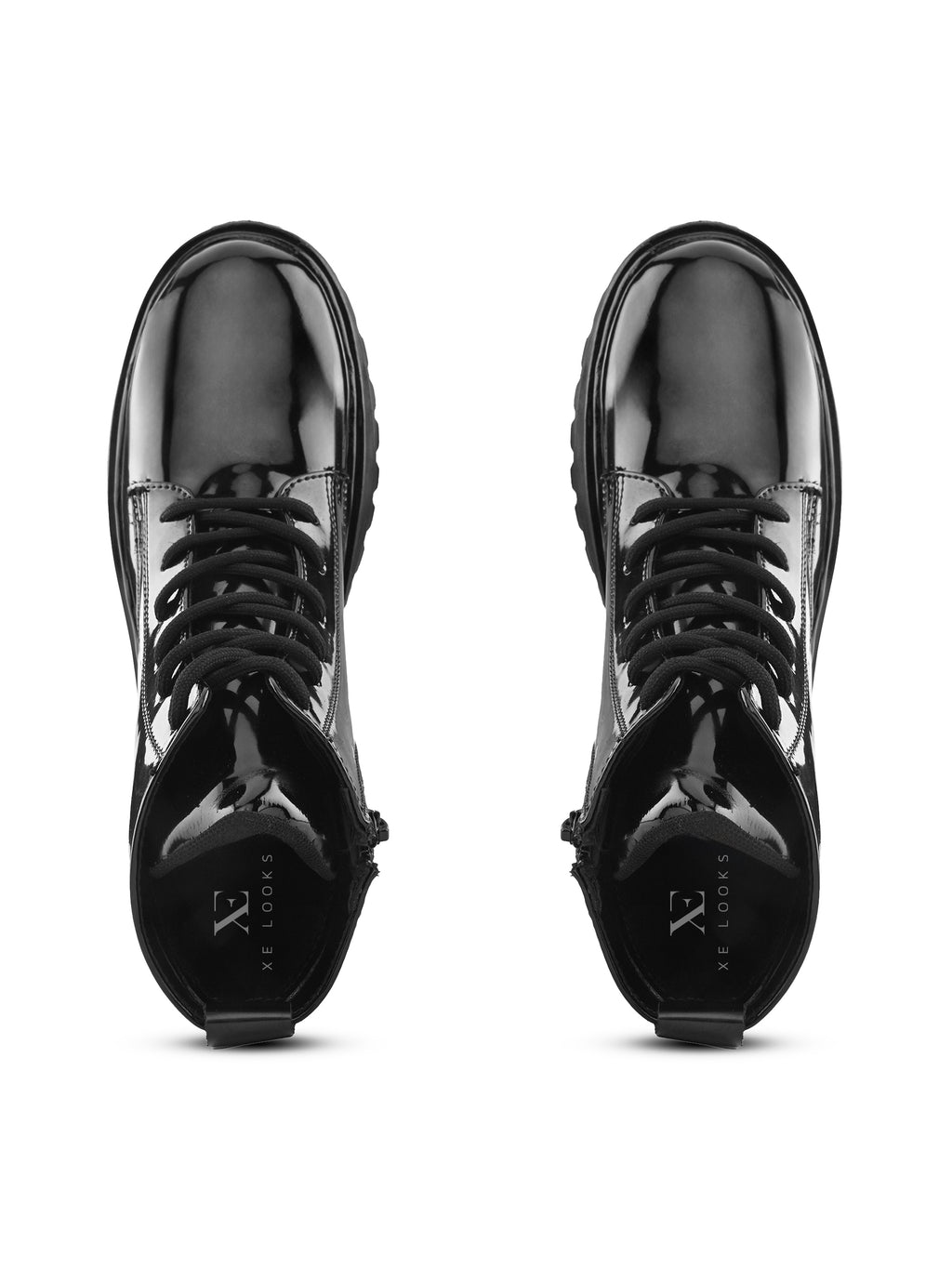 Glossy Lace-Up Side Zip Chunky Sole Ankle Boots