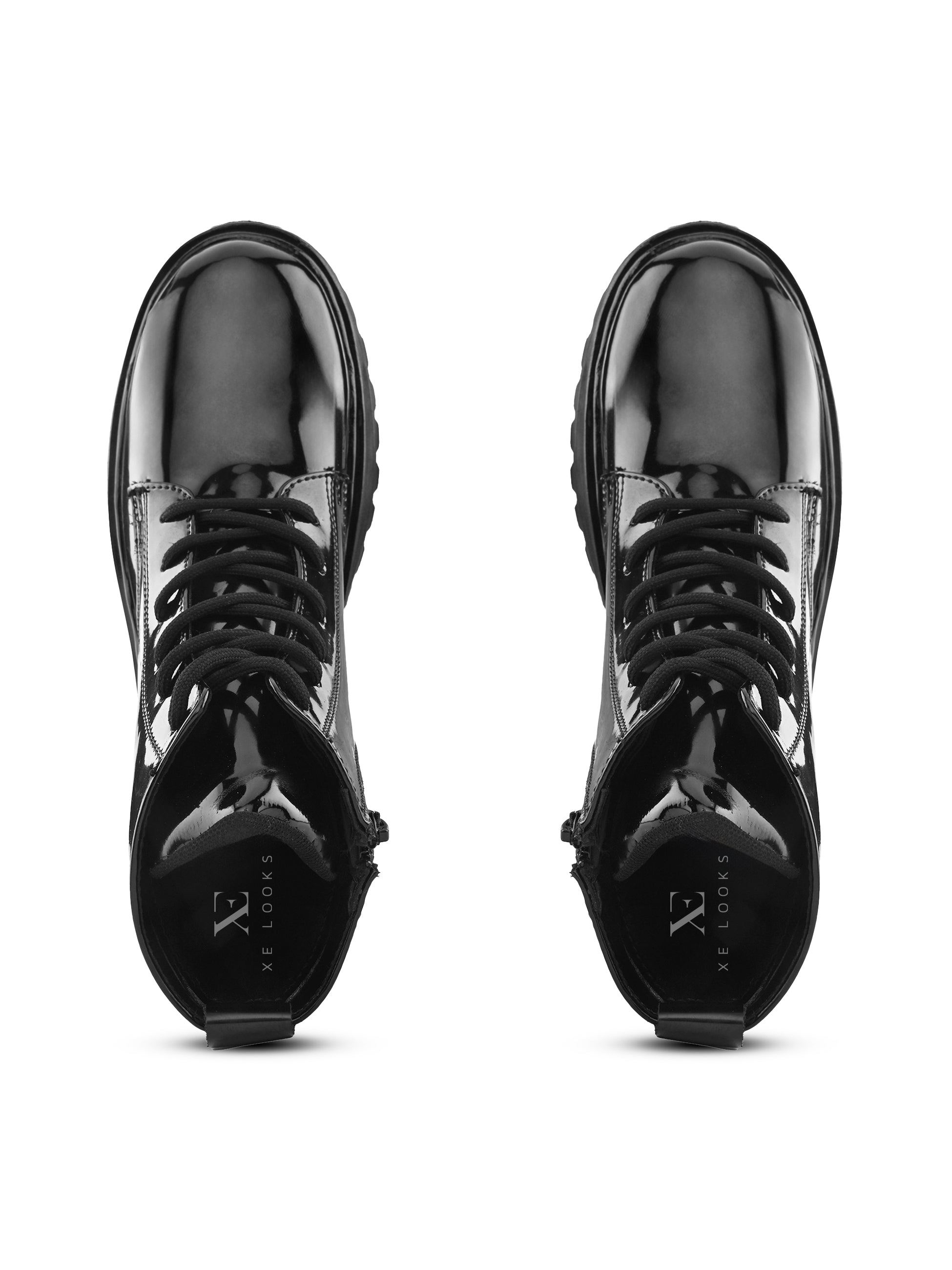 Glossy Lace-Up Side Zip Chunky Sole Ankle Boots