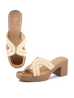 Embellished Criss-Cross Beaded Design Slip-On Block Heel Sandals
