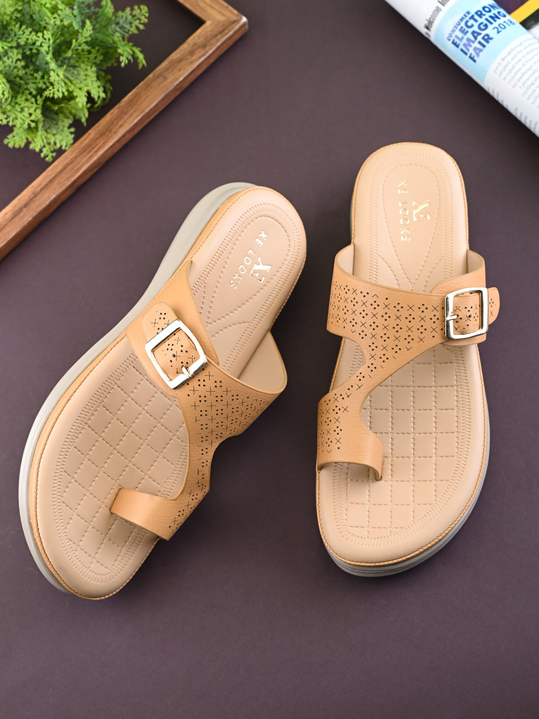 Perforated Buckle Accent Cushioned Comfort Platform Sandals