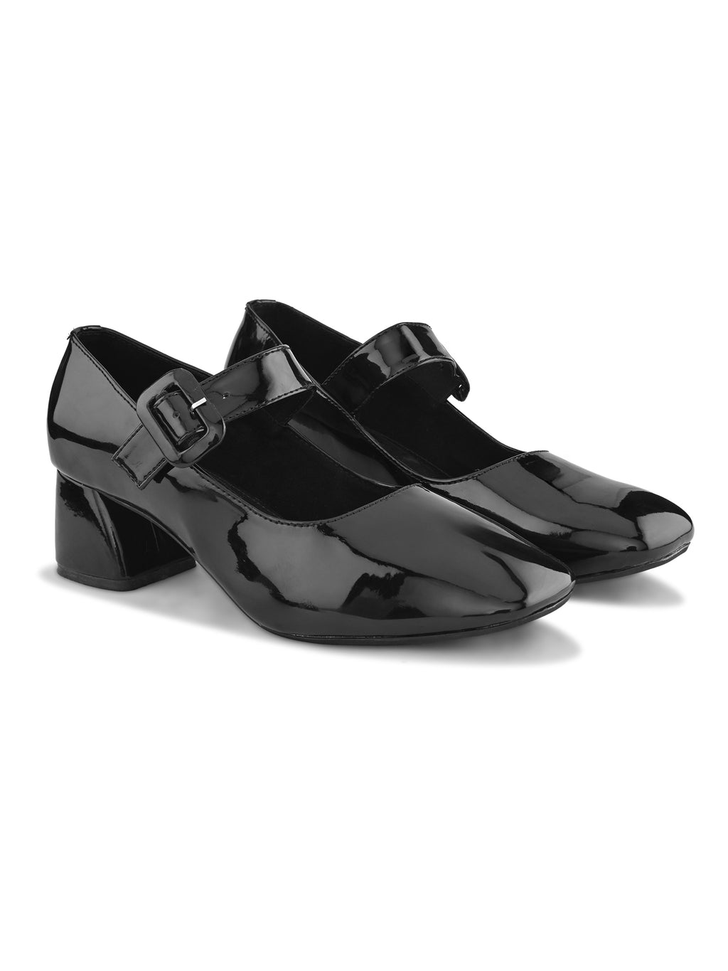 Glossy Patent-Finish Buckle Strap Block Heel Closed Toe Pumps