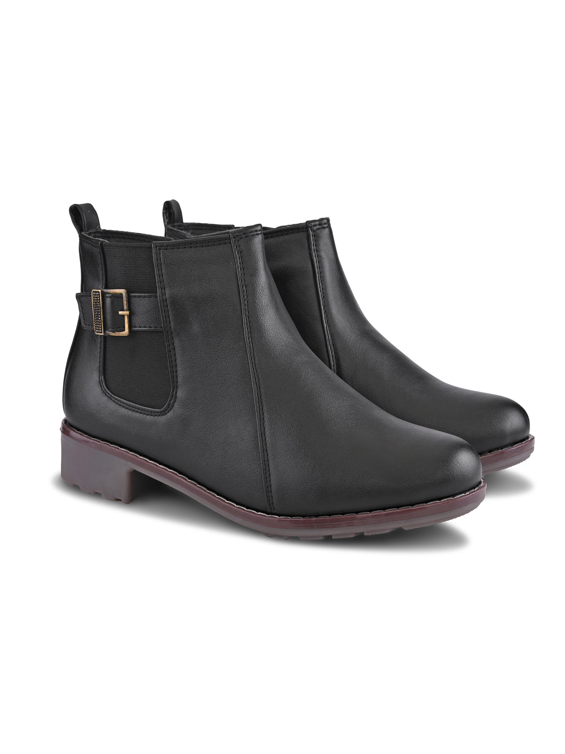 Buckle Accent Side Elastic Low Block Heel Ankle Boots