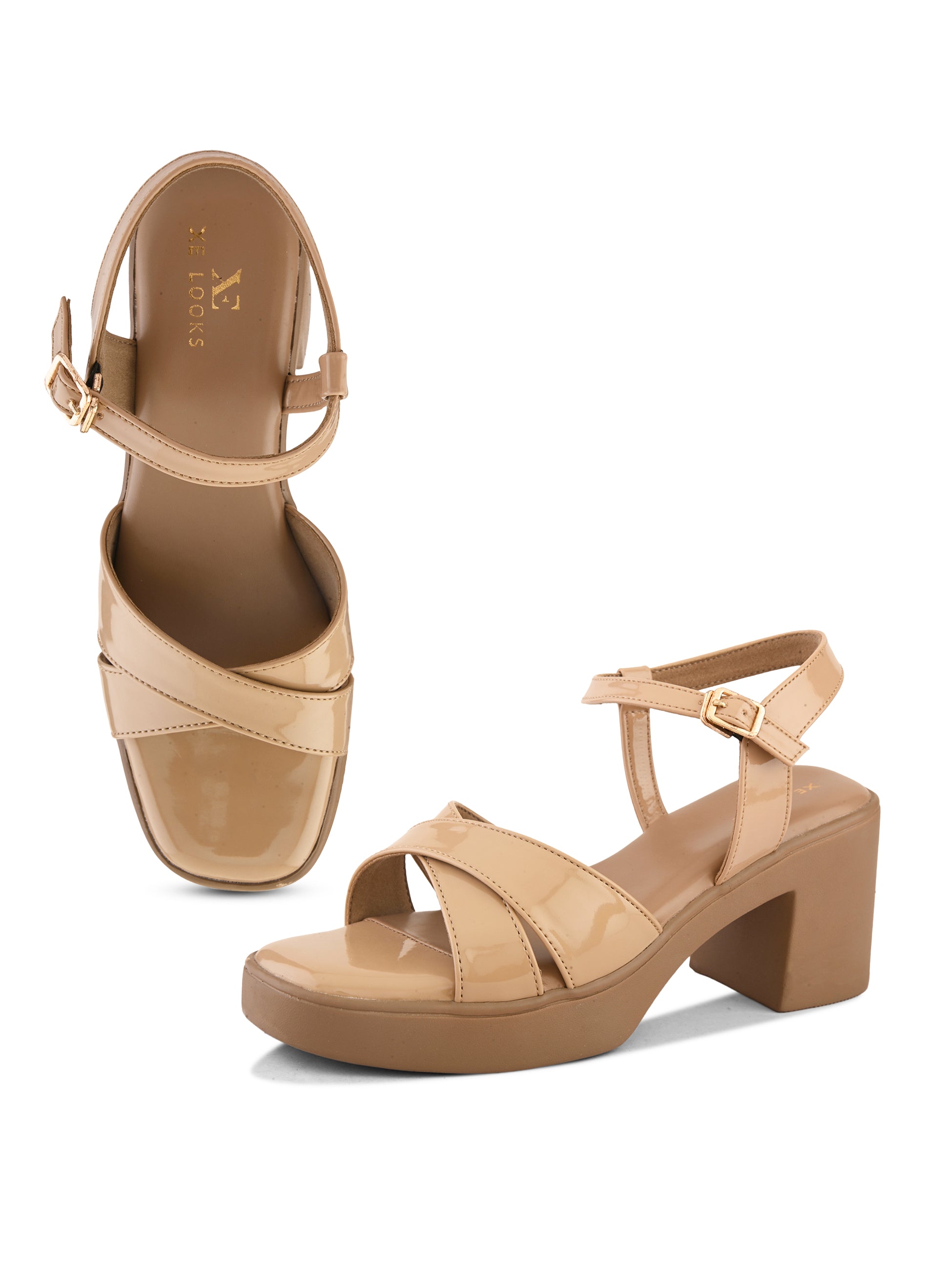 Glossy Criss-Cross Strap Design Block Heel Sandals