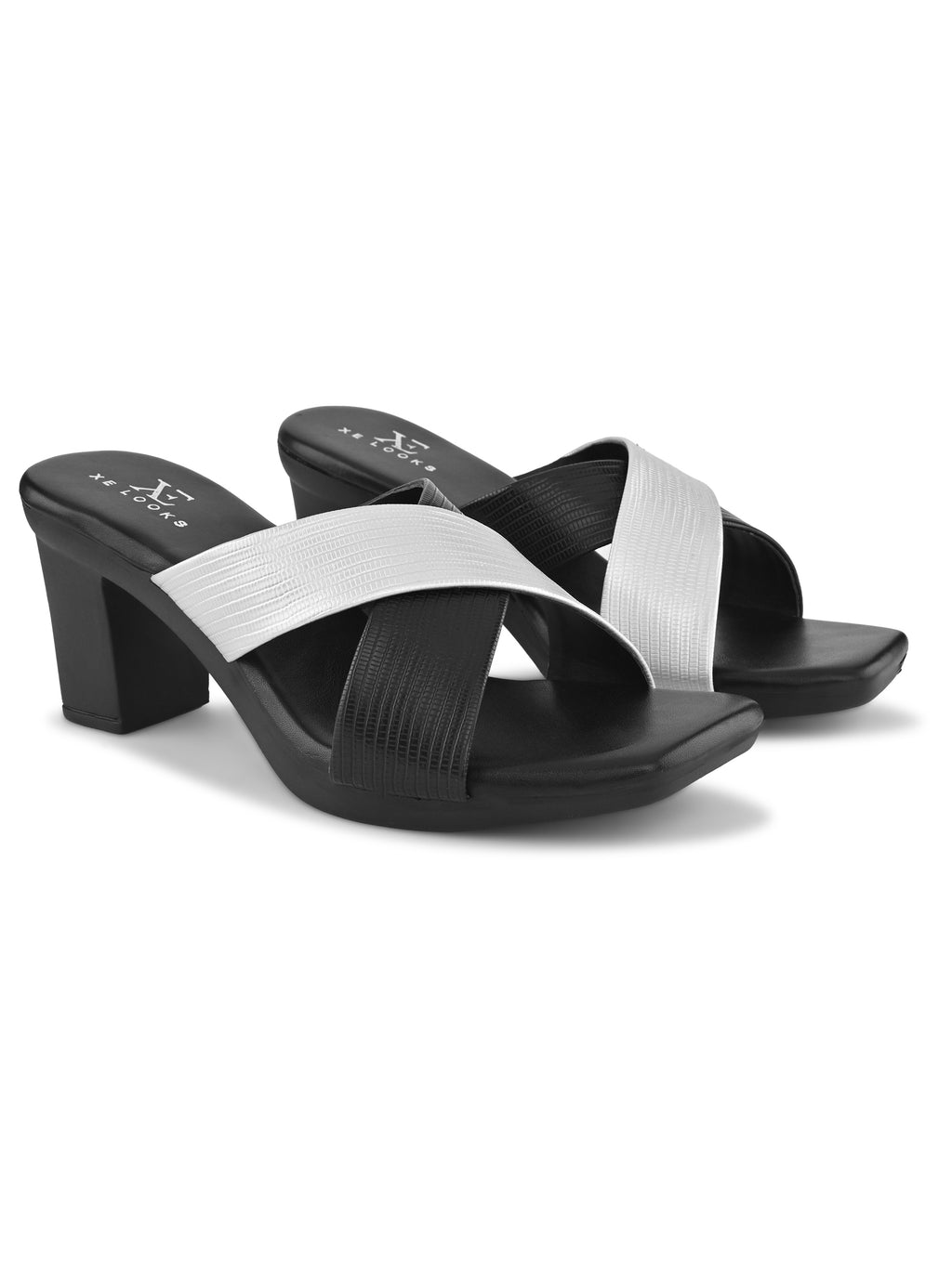 TEXTURED CROSS-STRAP SQUARE TOE BLOCK HEEL MULES