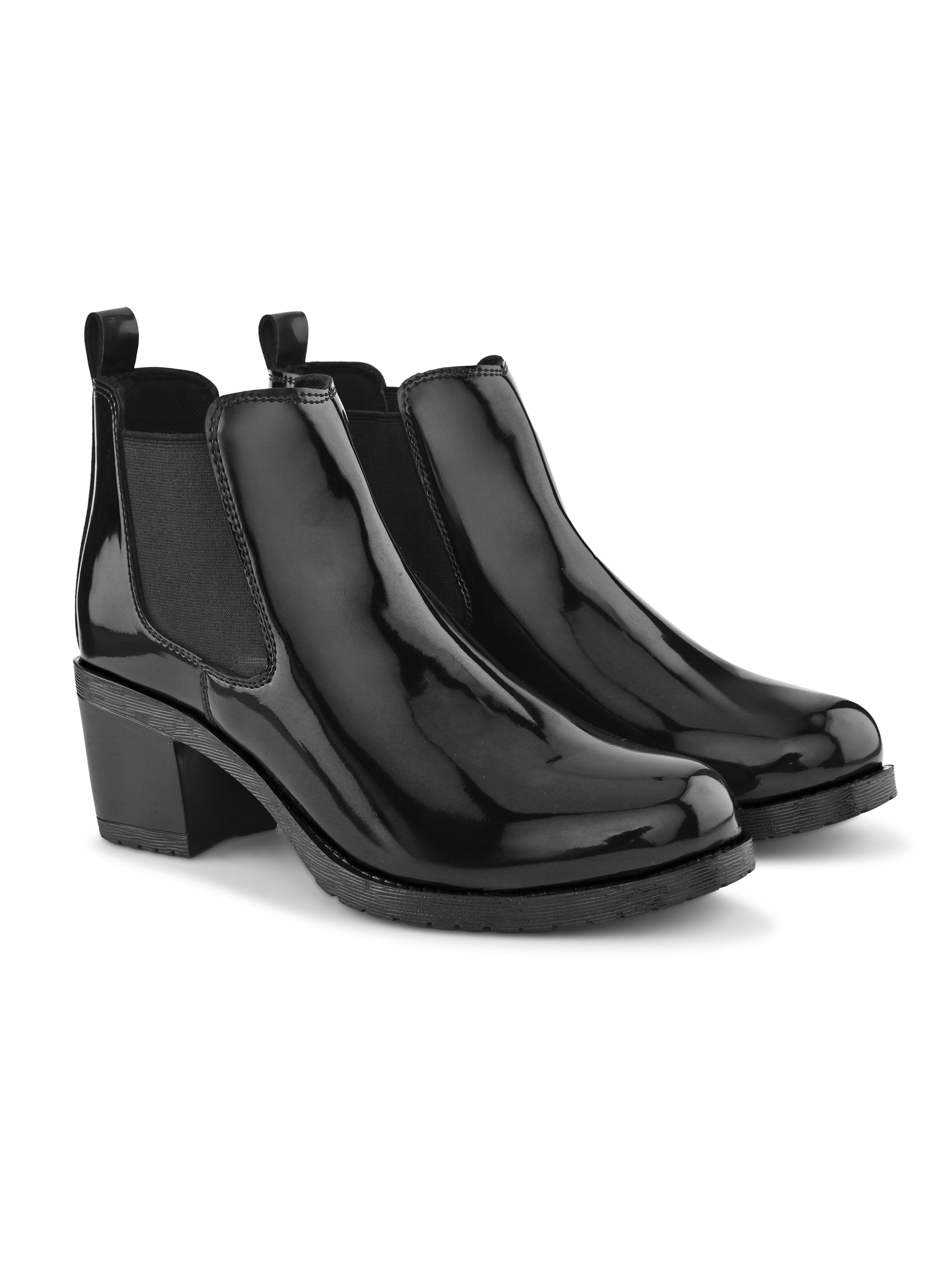 Glossy Elastic Panel Block Heel Chelsea Boots