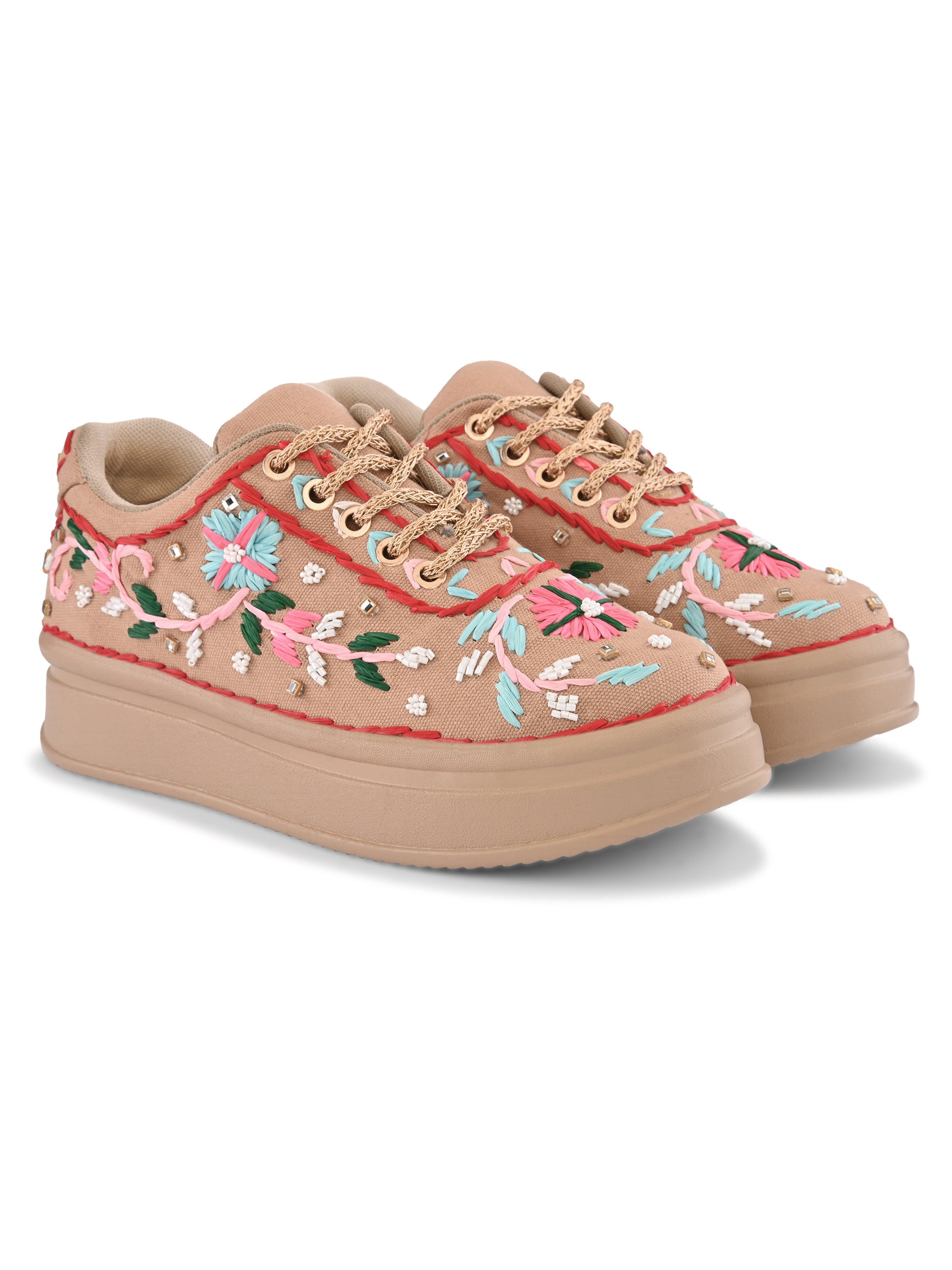Embroidered Floral Lace-Up Platform Sneakers