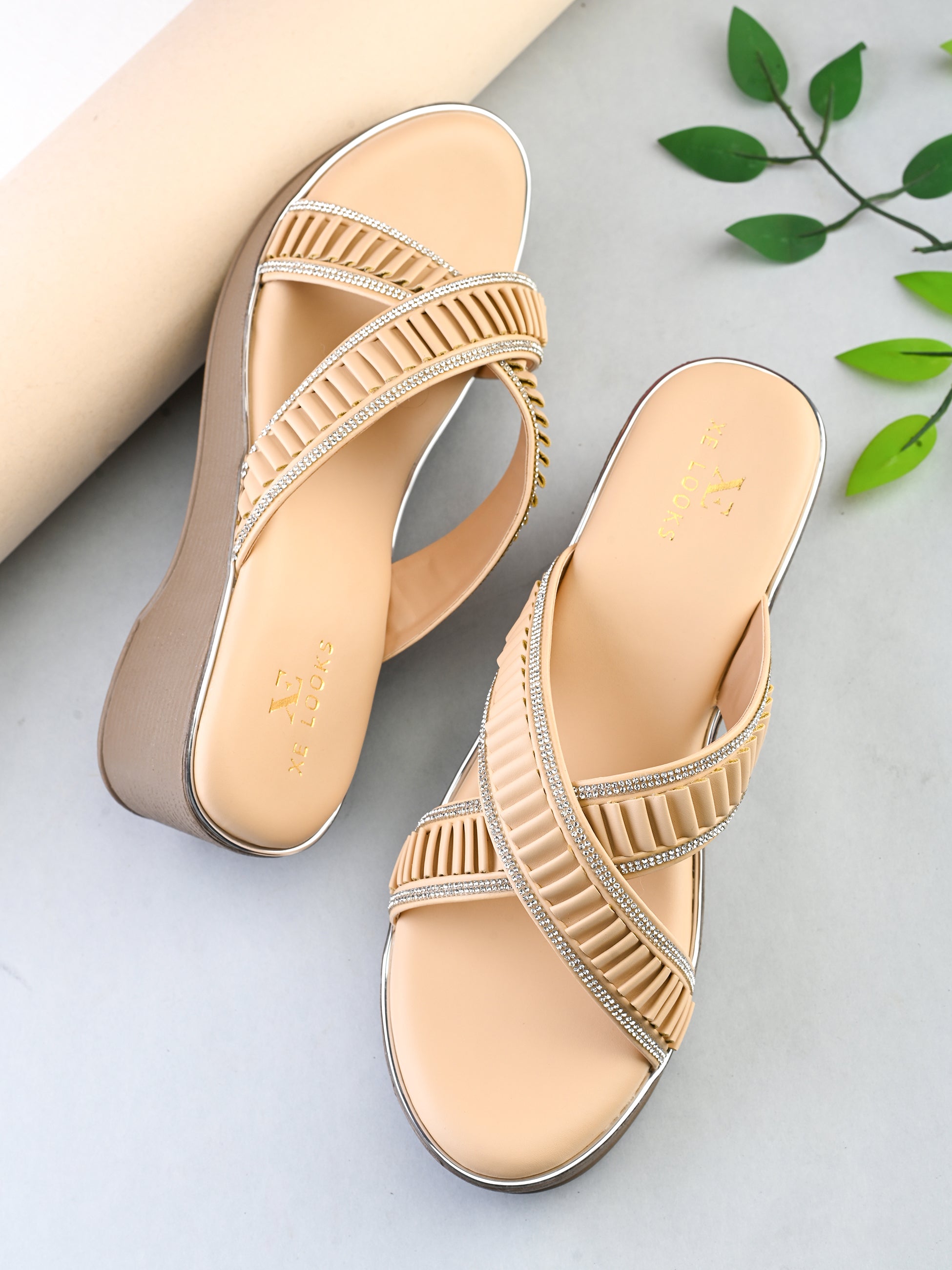 Criss-Cross Wedge Sandals for Women Pleated Straps with Subtle Shine Detailing