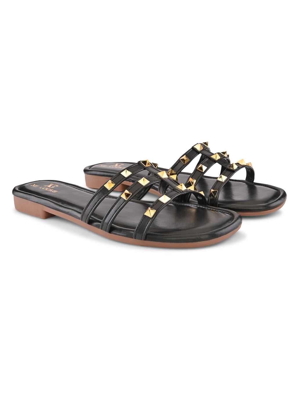 STUDDED MULTI-STRAP OPEN TOE FLAT SANDALS