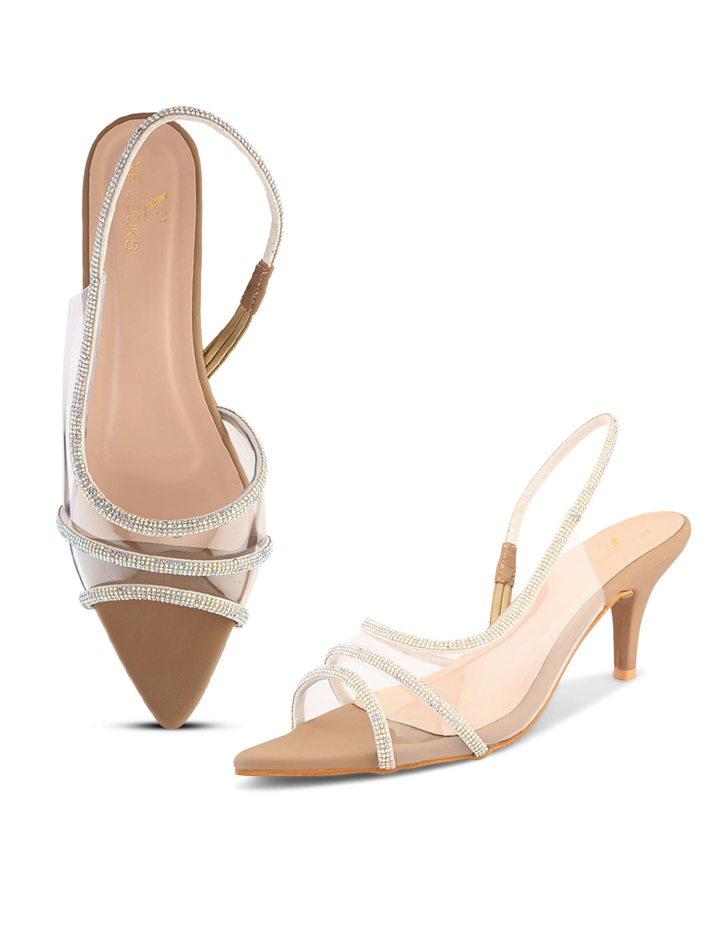 Rhinestone-Studded Clear Strap Slingback Heels