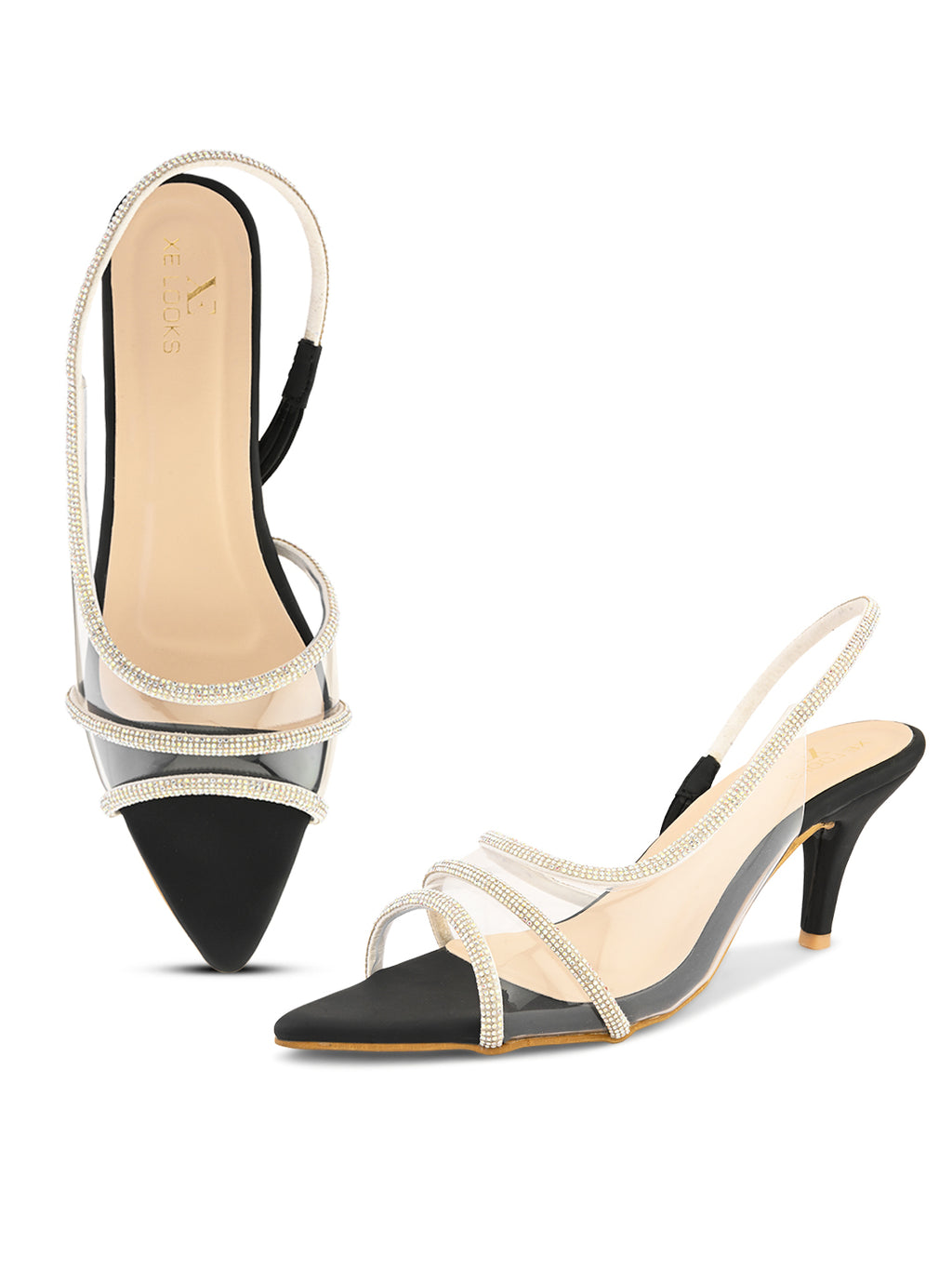 Rhinestone-Studded Clear Strap Slingback Heels