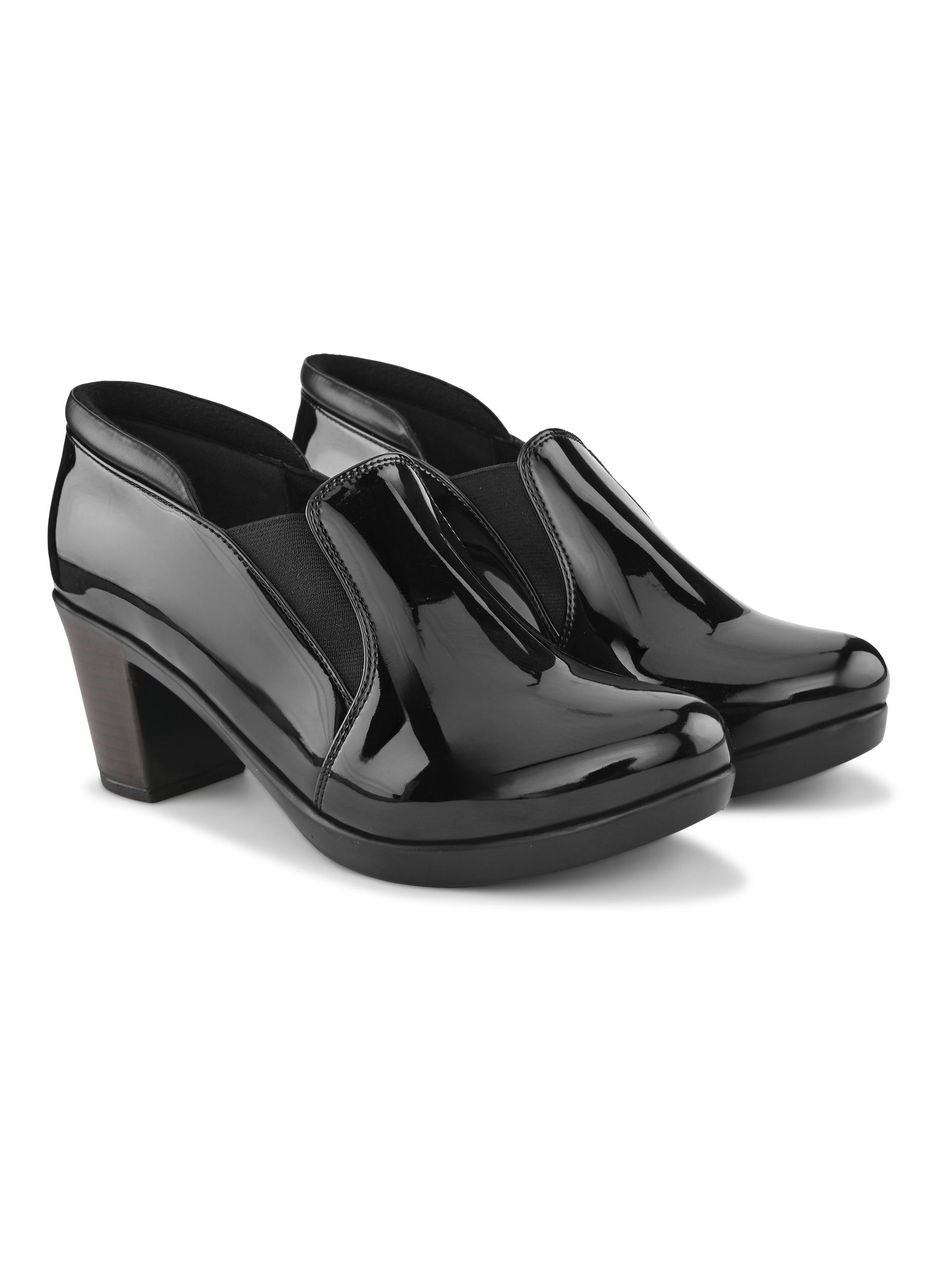 GLOSSY FINISH SLIP-ON BLOCK HEEL LOAFERS