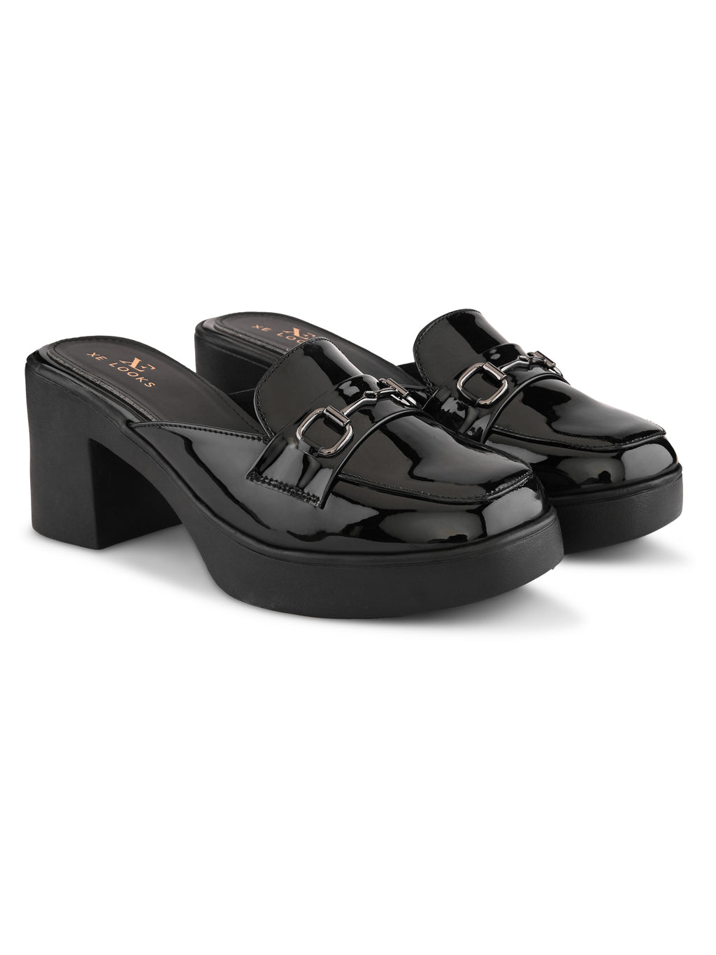 Elegant Patent Mule Loafers with Metal Chain Detail