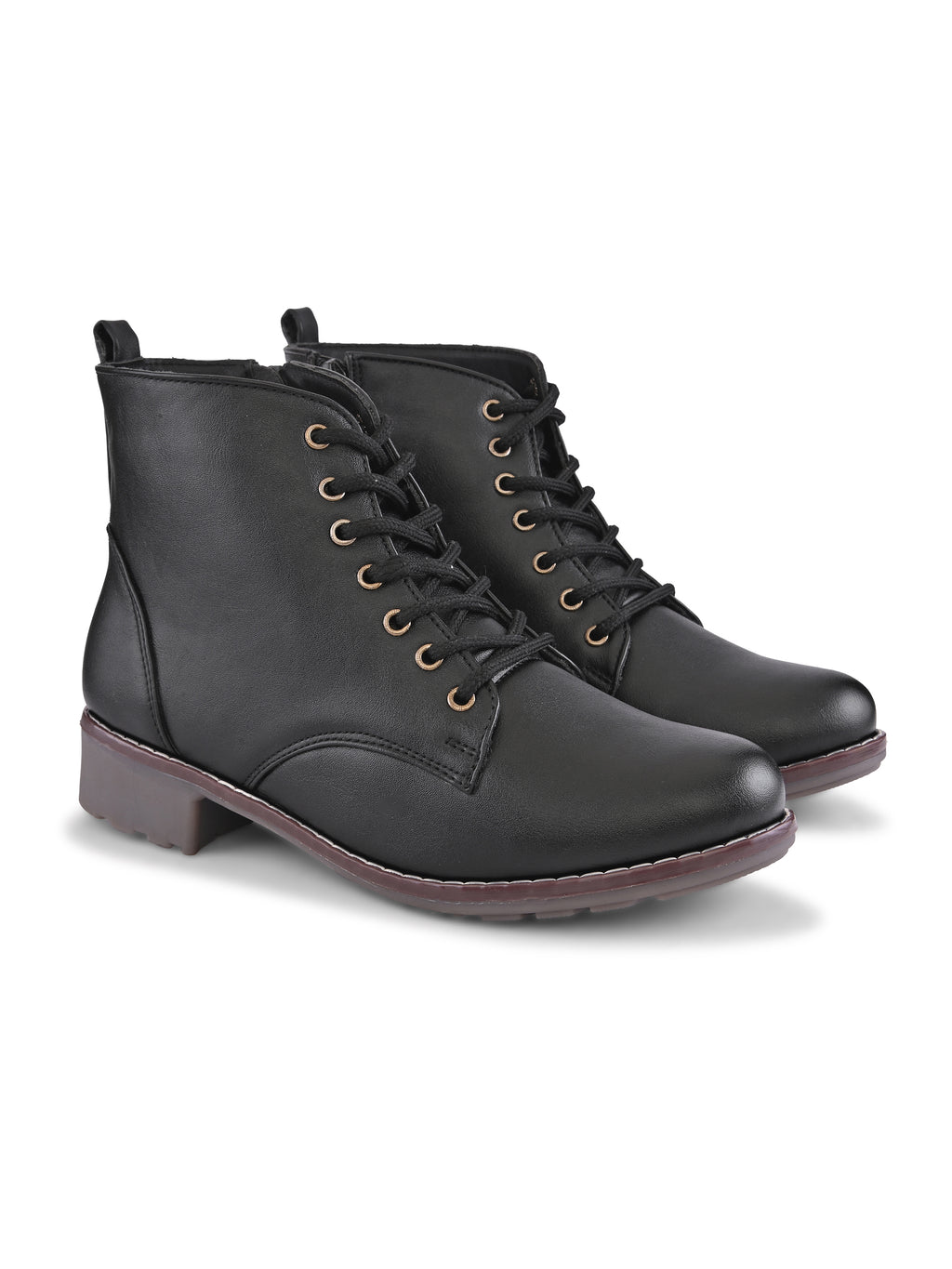 Lace Up Side Zip Cushioned Low Block Heel Ankle Boots