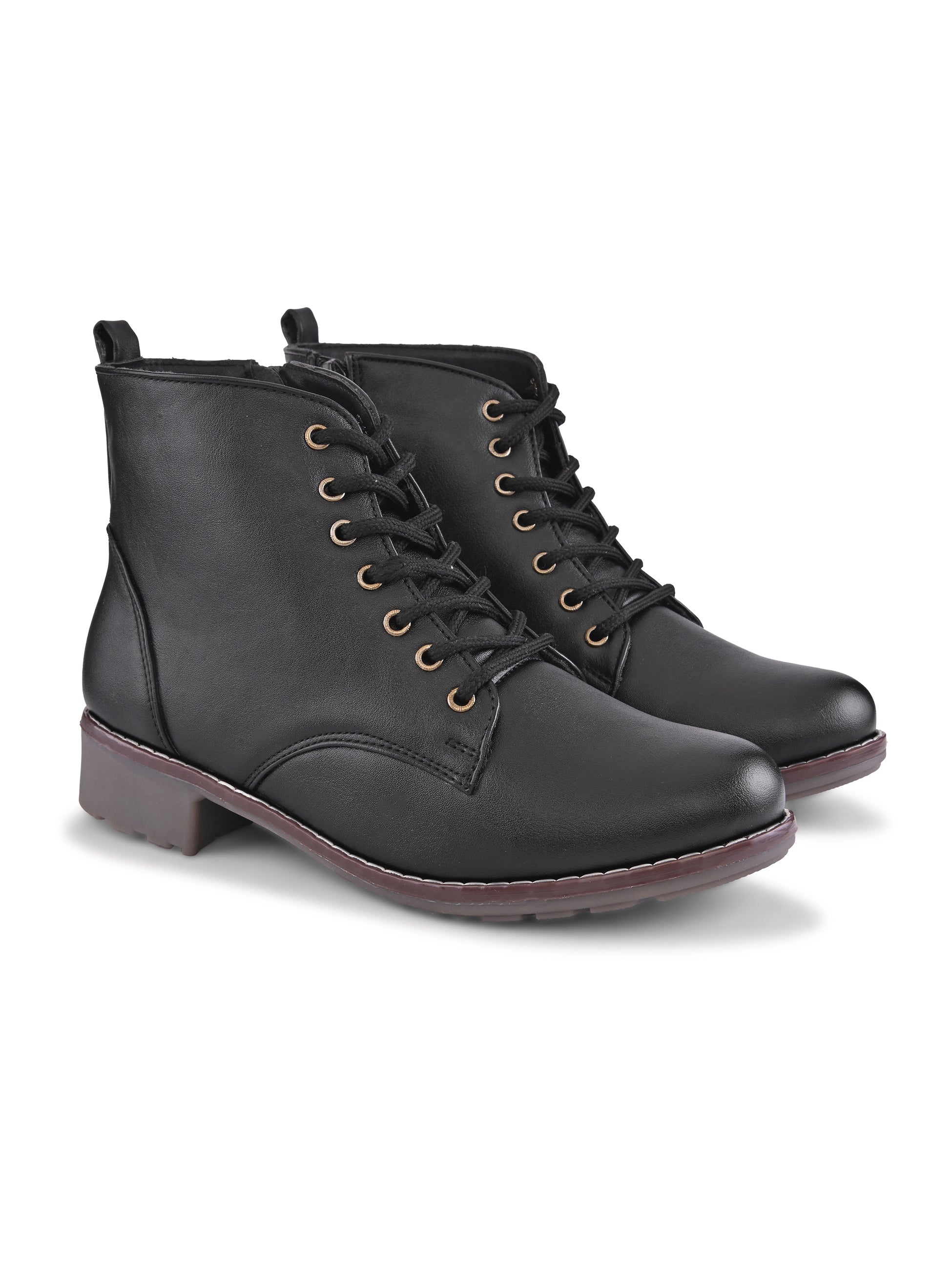Lace Up Side Zip Cushioned Low Block Heel Ankle Boots