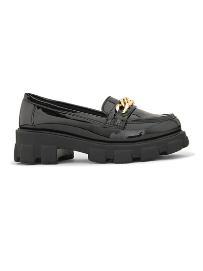 Glossy  Loafers with Chunky Sole and Gold Chain Accent