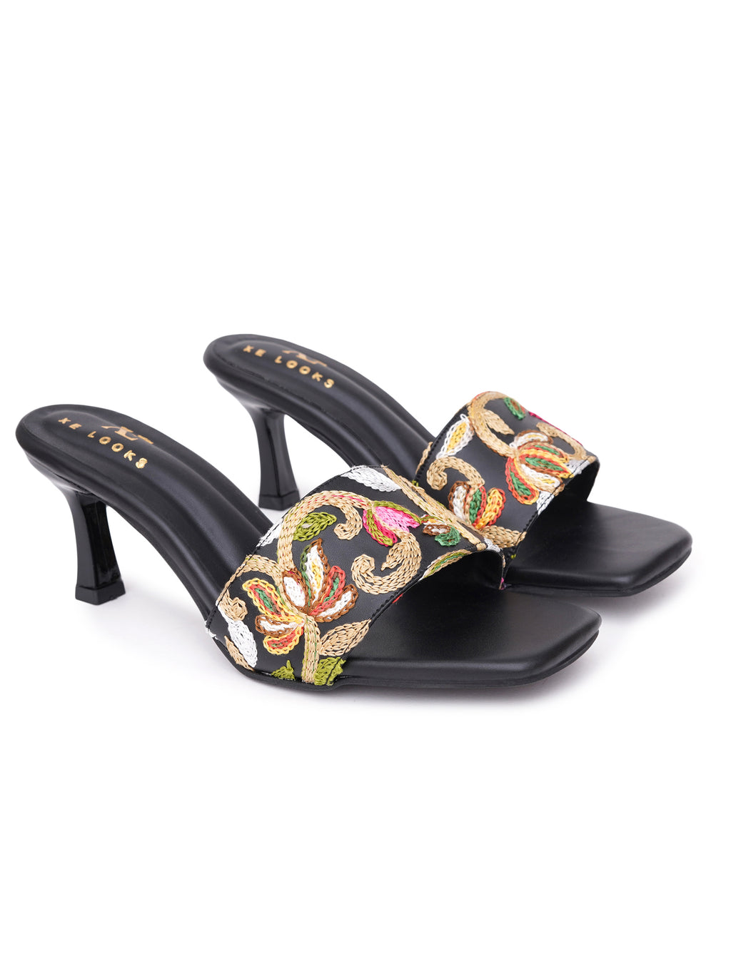 Embroidered Strap Comfort Heel Sandals