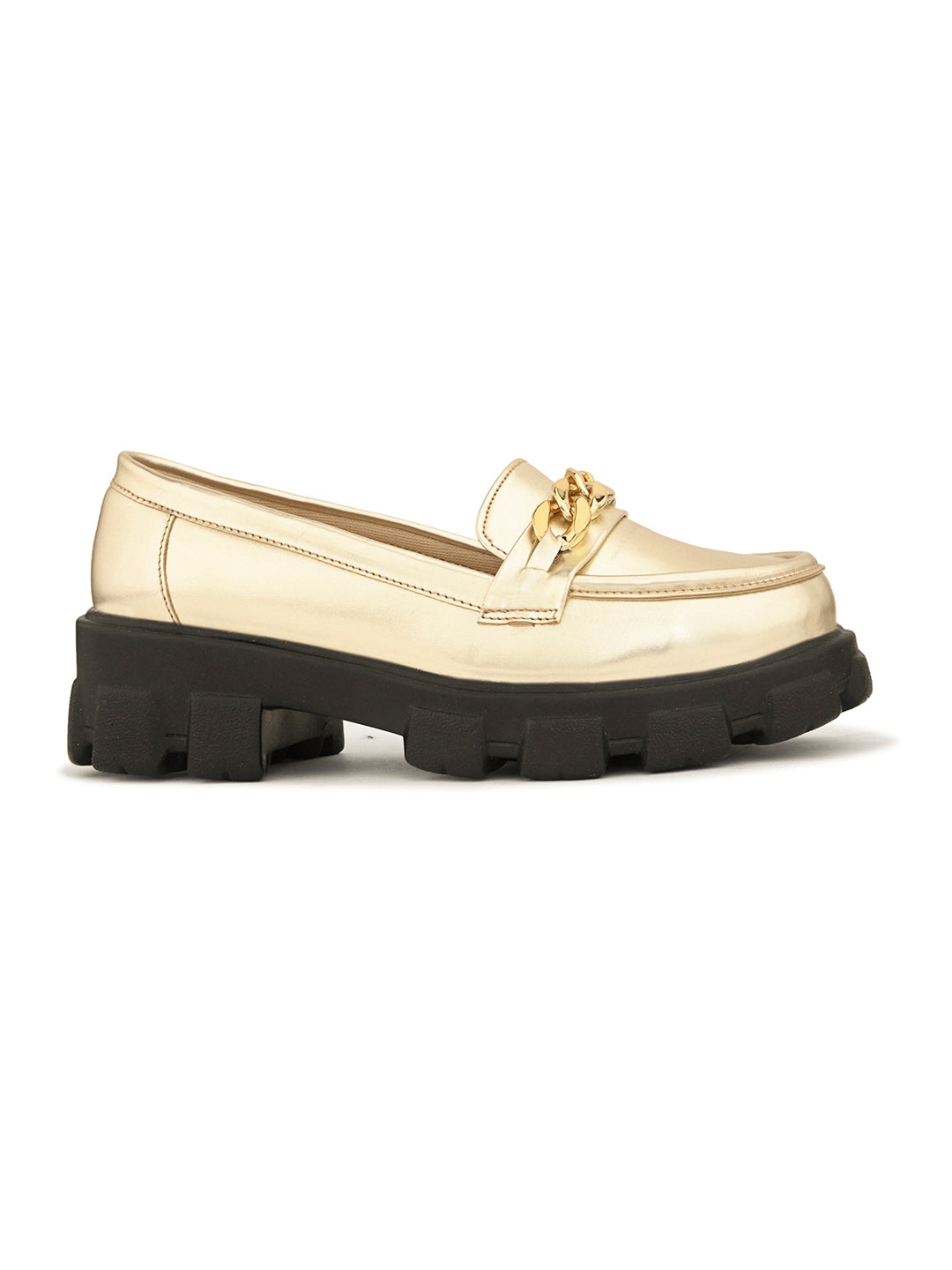 Glossy  Loafers with Chunky Sole and Gold Chain Accent