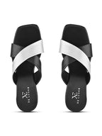 TEXTURED CROSS-STRAP SQUARE TOE BLOCK HEEL MULES