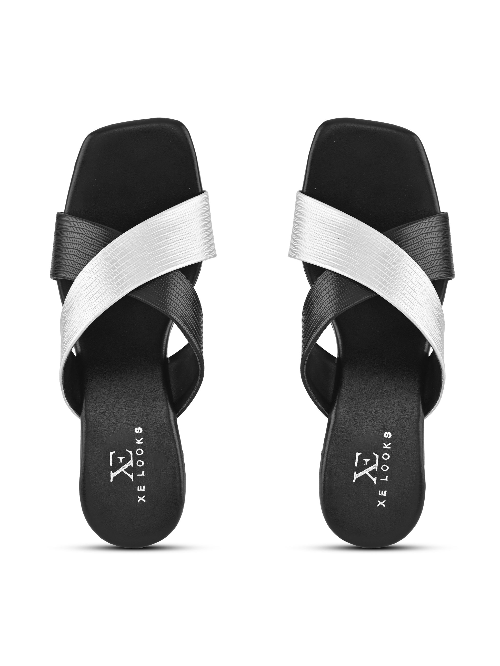 TEXTURED CROSS-STRAP SQUARE TOE BLOCK HEEL MULES