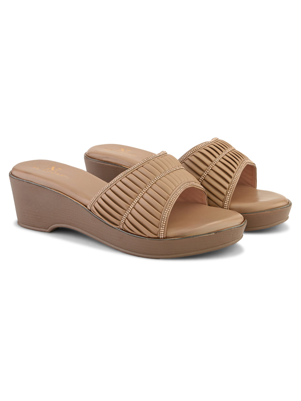 Classic Wedge Sandals Broad Pleated Strap with Subtle Embellishment for Women