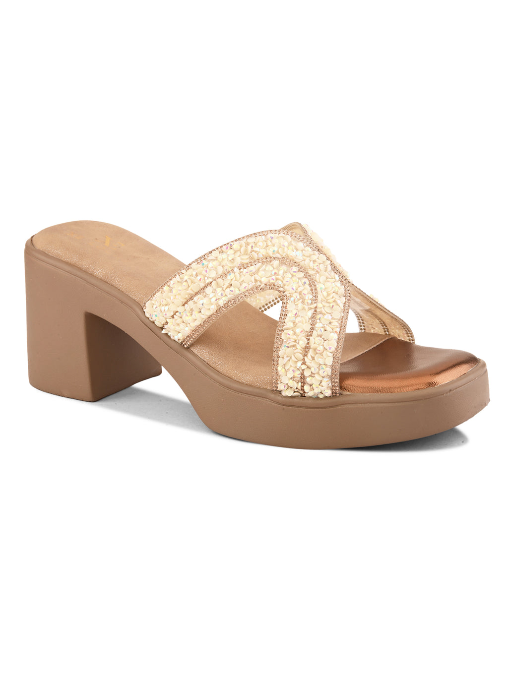 Embellished Criss-Cross Beaded Design Slip-On Block Heel Sandals