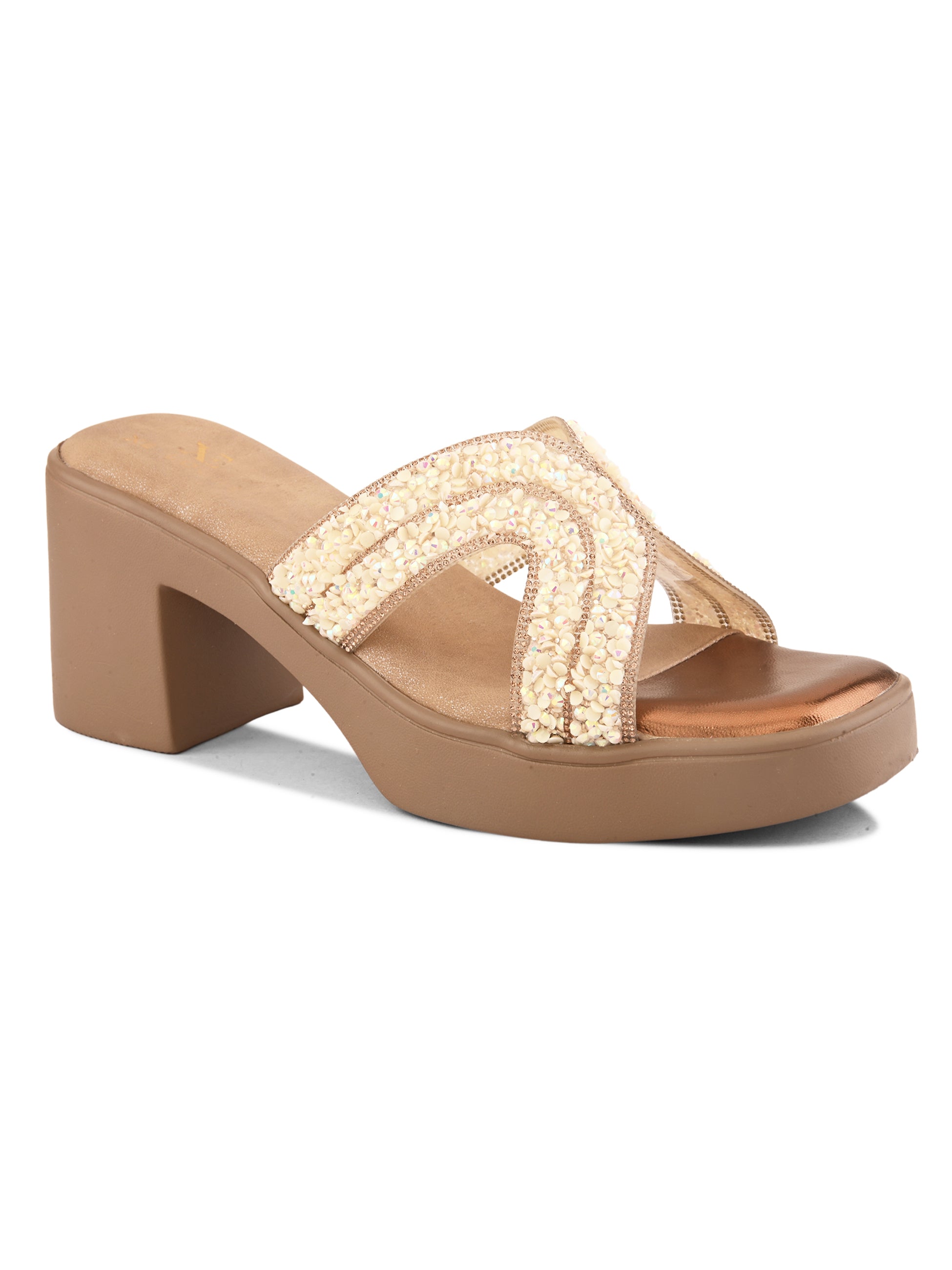 Embellished Criss-Cross Beaded Design Slip-On Block Heel Sandals