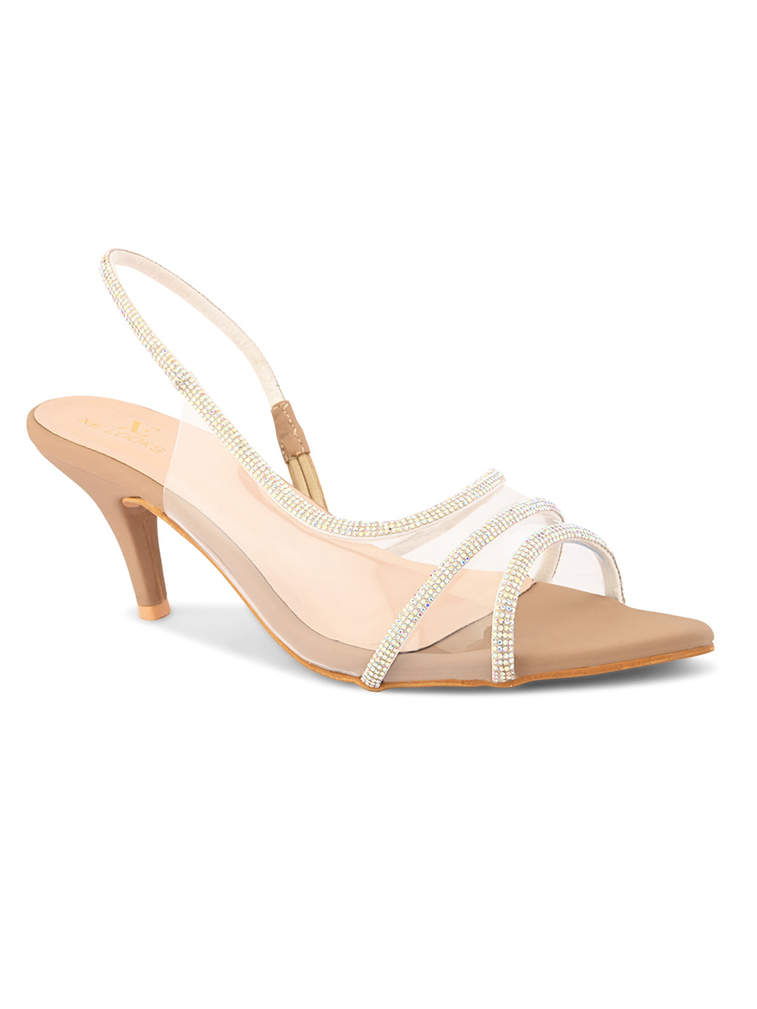 Rhinestone-Studded Clear Strap Slingback Heels