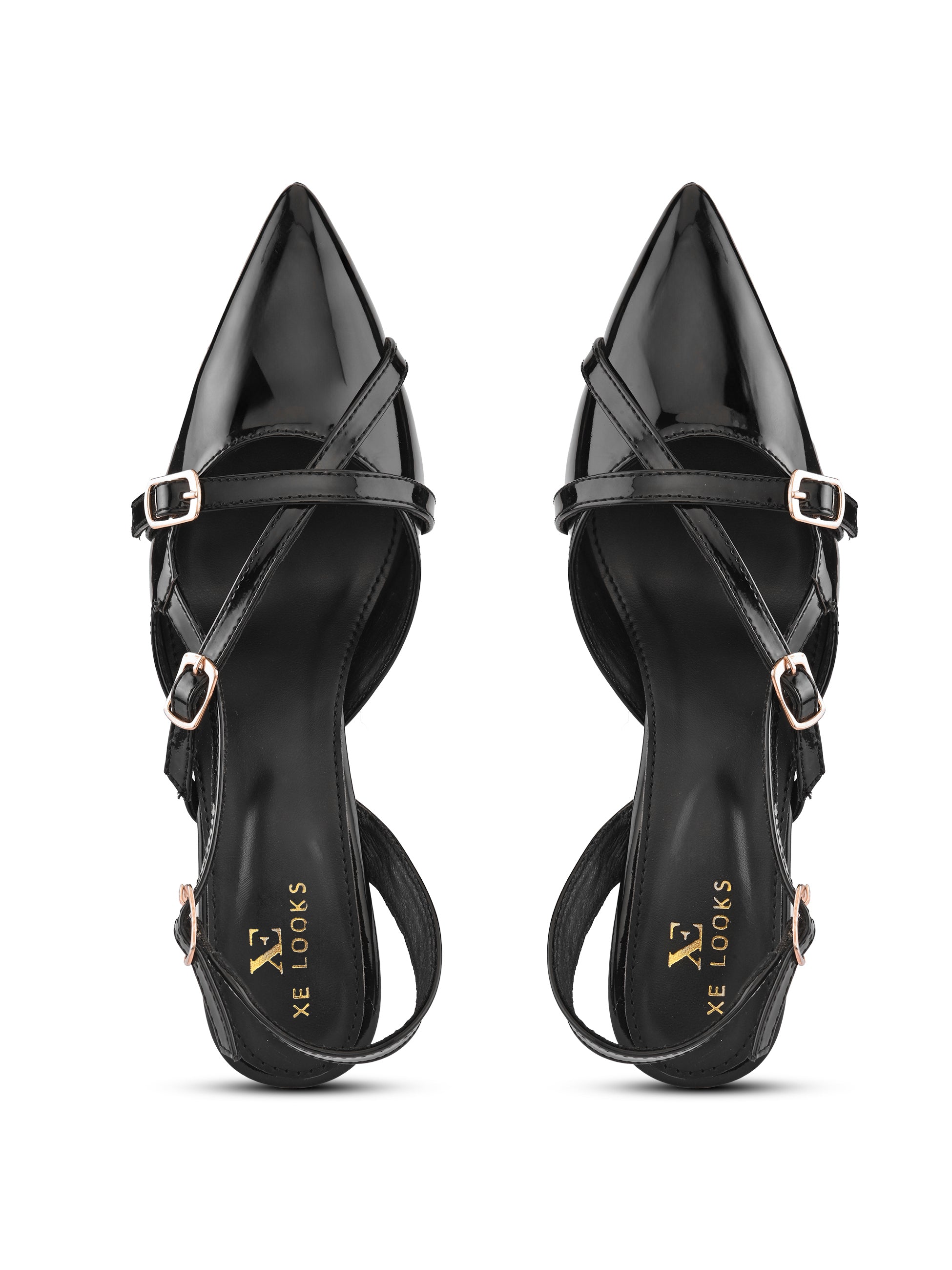 Glossy Patent-Finish Multi Buckle Strap Slingback Pointed Toe Pumps
