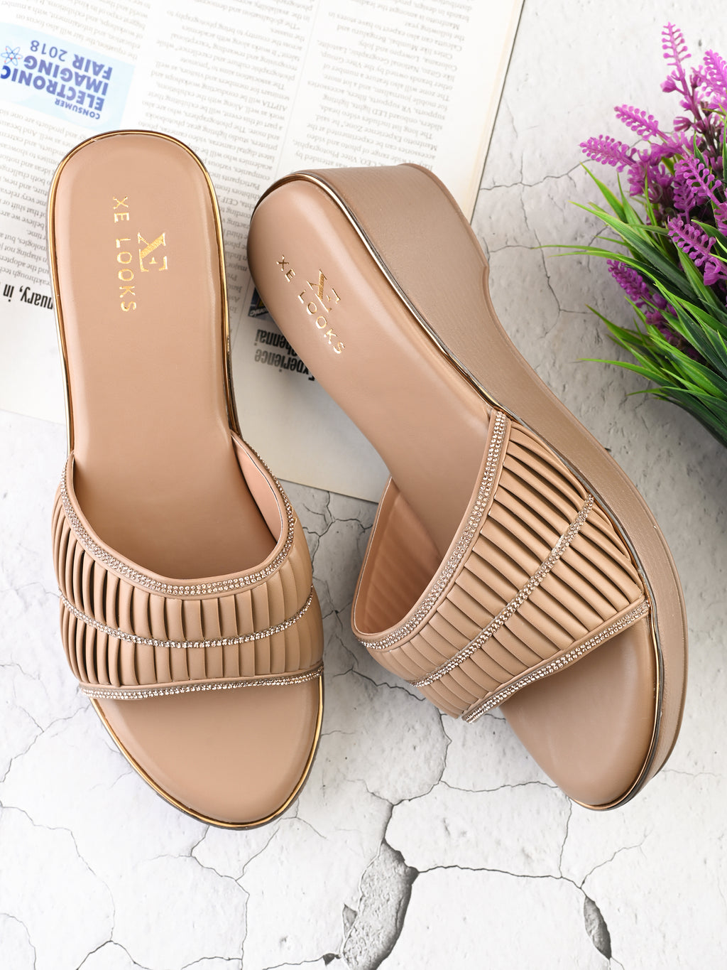 Classic Wedge Sandals Broad Pleated Strap with Subtle Embellishment for Women