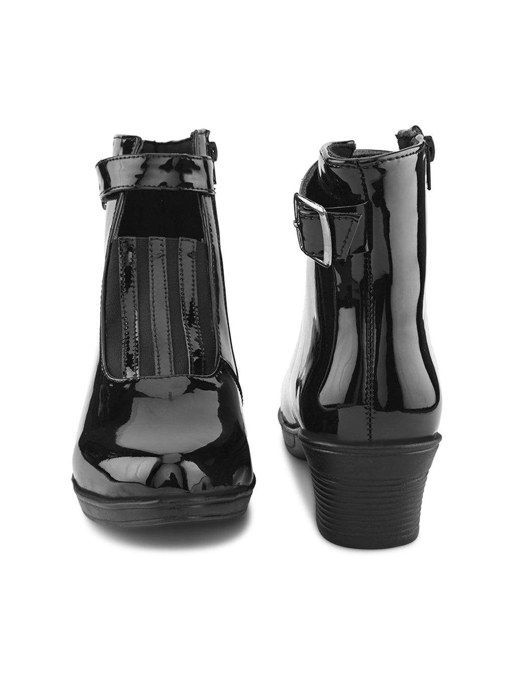 Glossy Buckle Accent Side Zipper Block Heel Ankle Boots