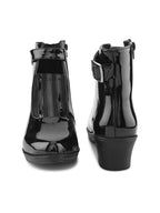 Glossy Buckle Accent Side Zipper Block Heel Ankle Boots